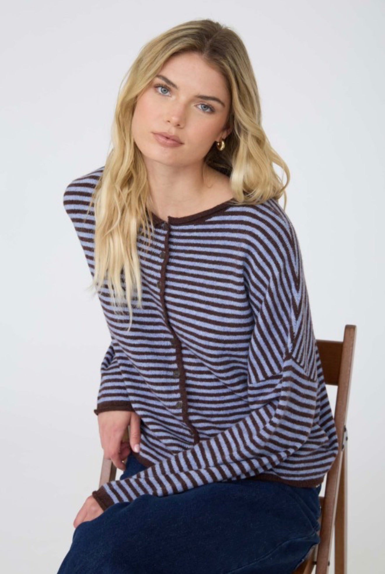 Stripe Raw Edge Drop Shoulder Knit Cardigan Brown/Blue