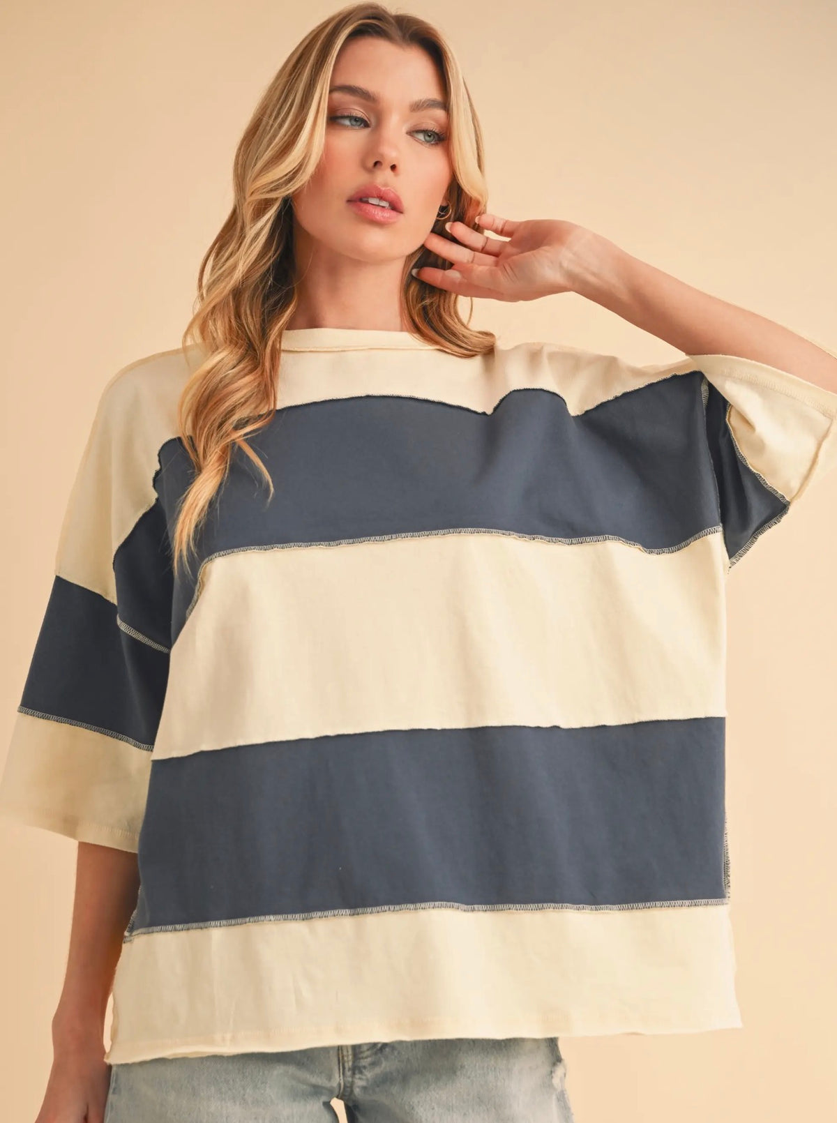 Navy Polly Color Block Top Tee
