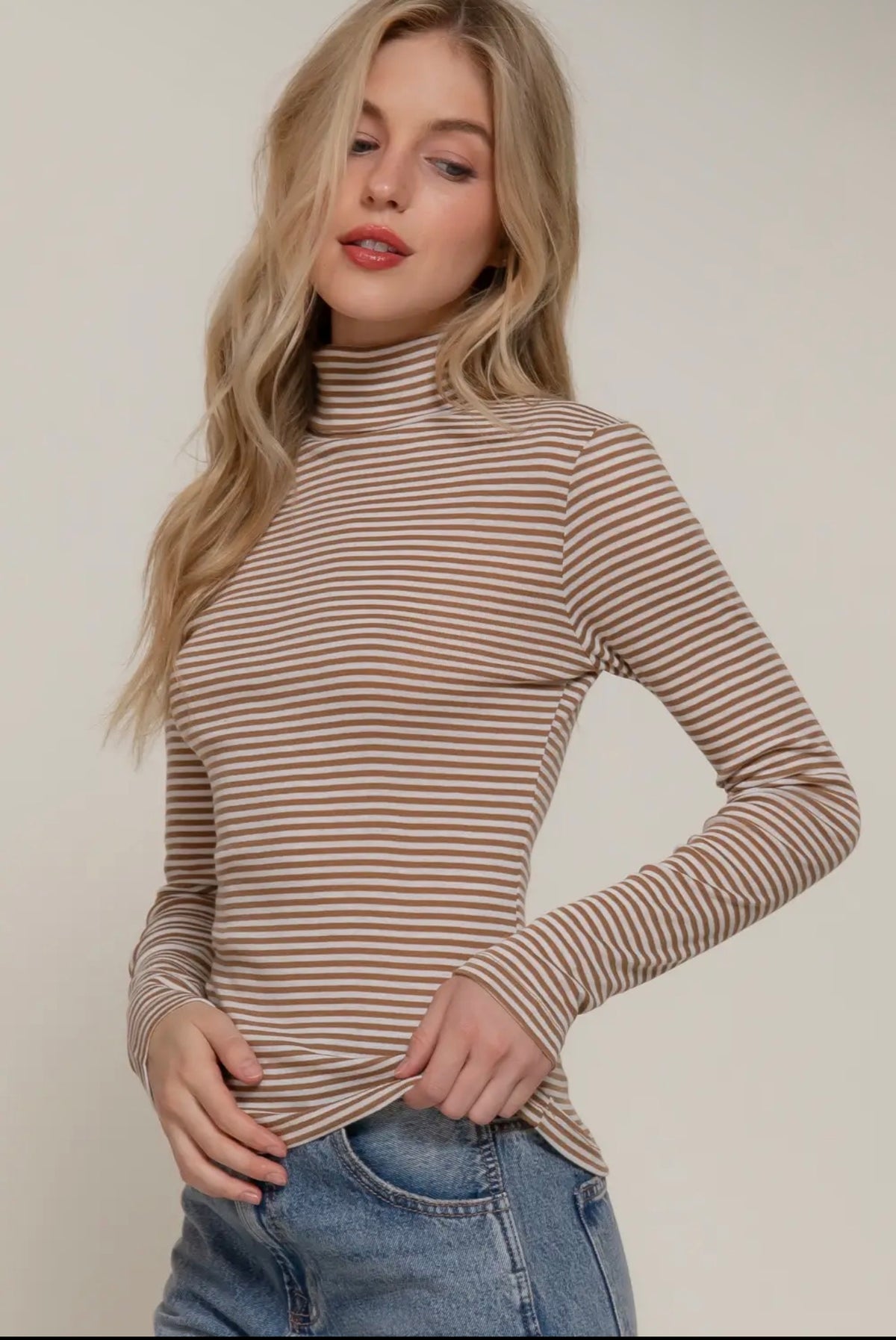 Long Sleeve Turtleneck Khaki Striped Top
