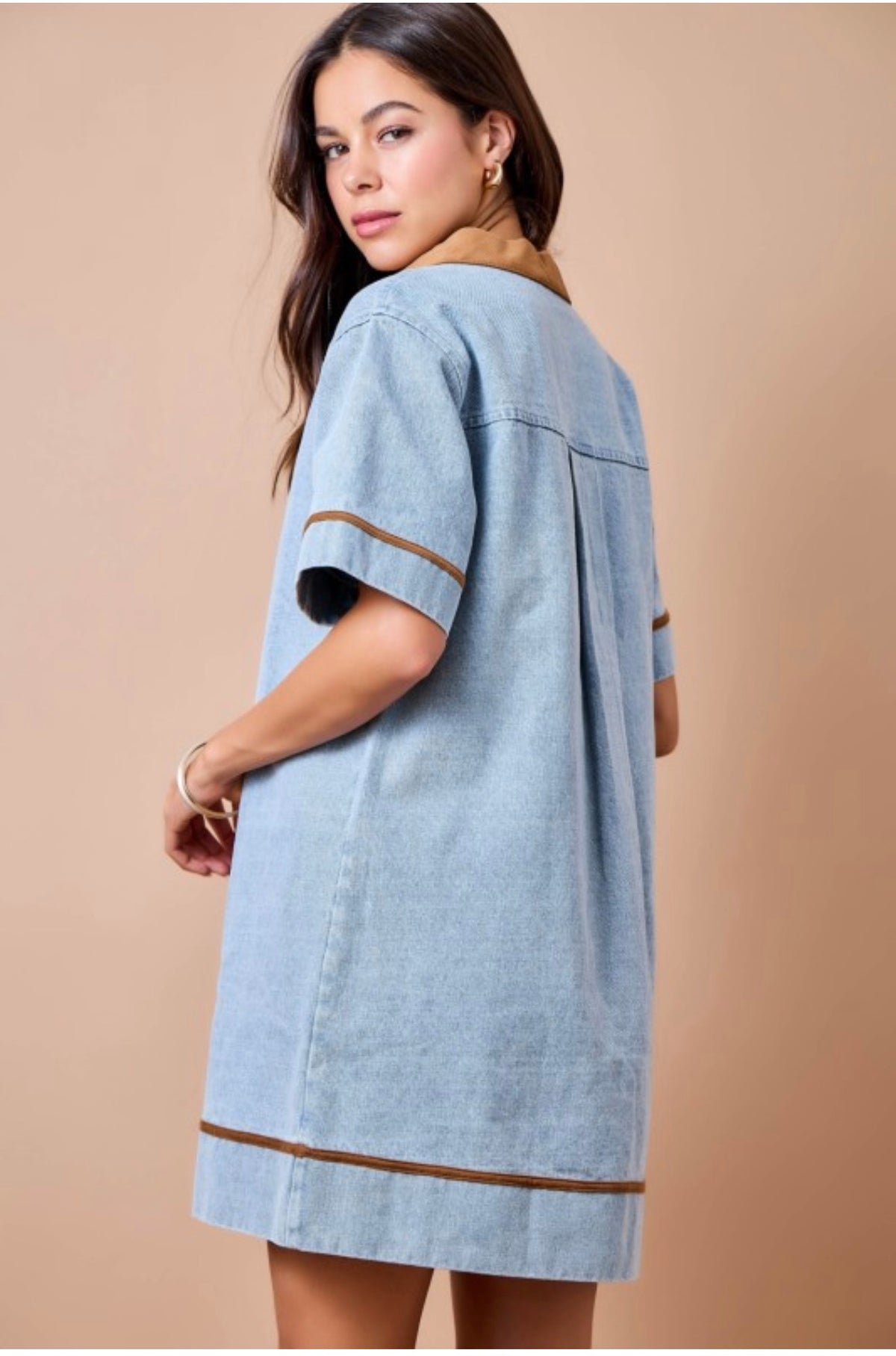Washed Denim V-Neck Dress With Corduroy Collar