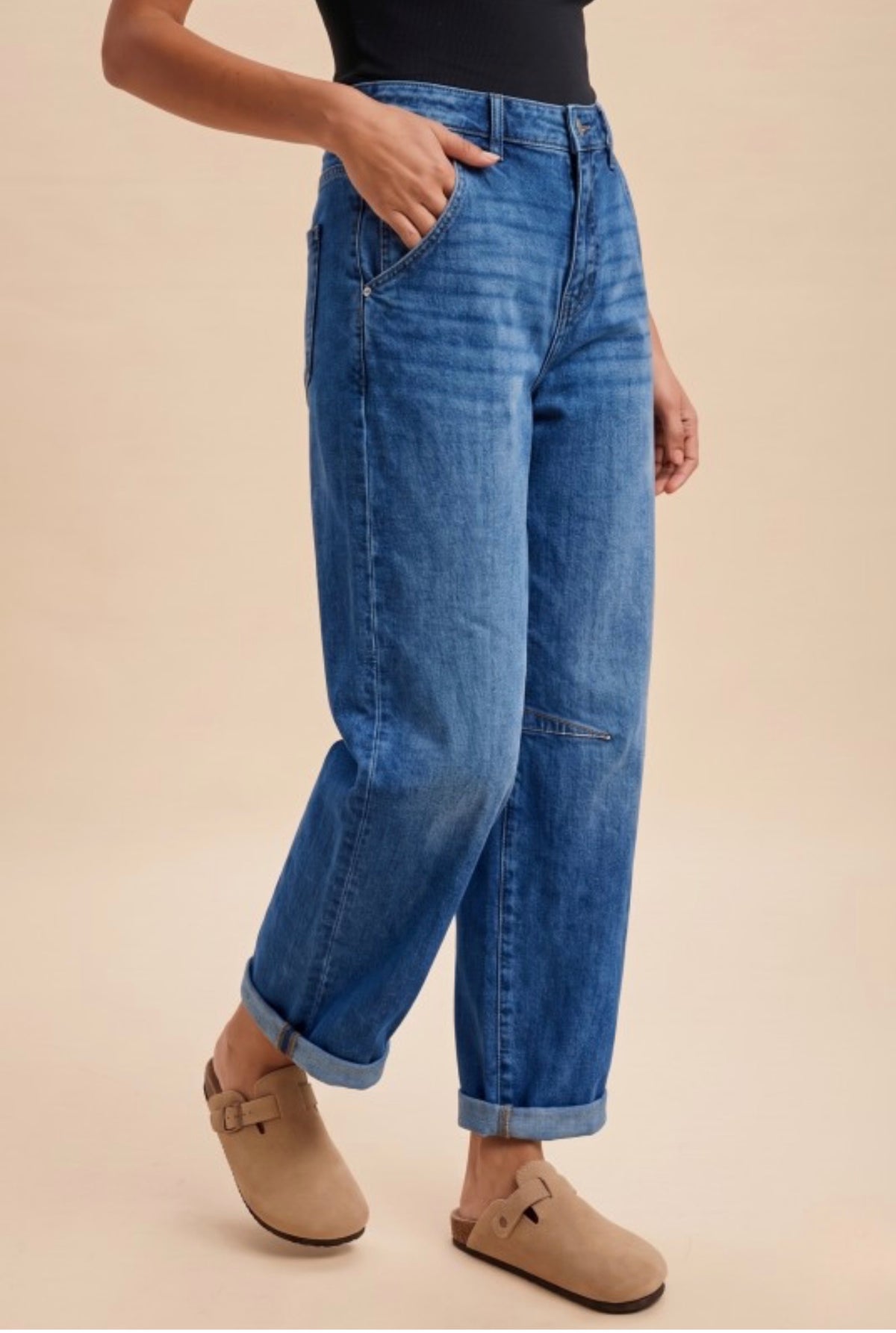 Stretch Denim Loose Fit Roll Up Barrel Leg Jean