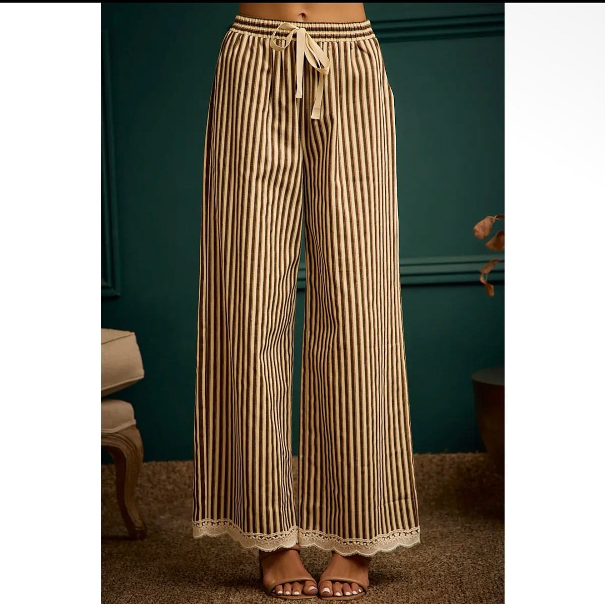 Twill Stripe Lace Trim Hem Pants