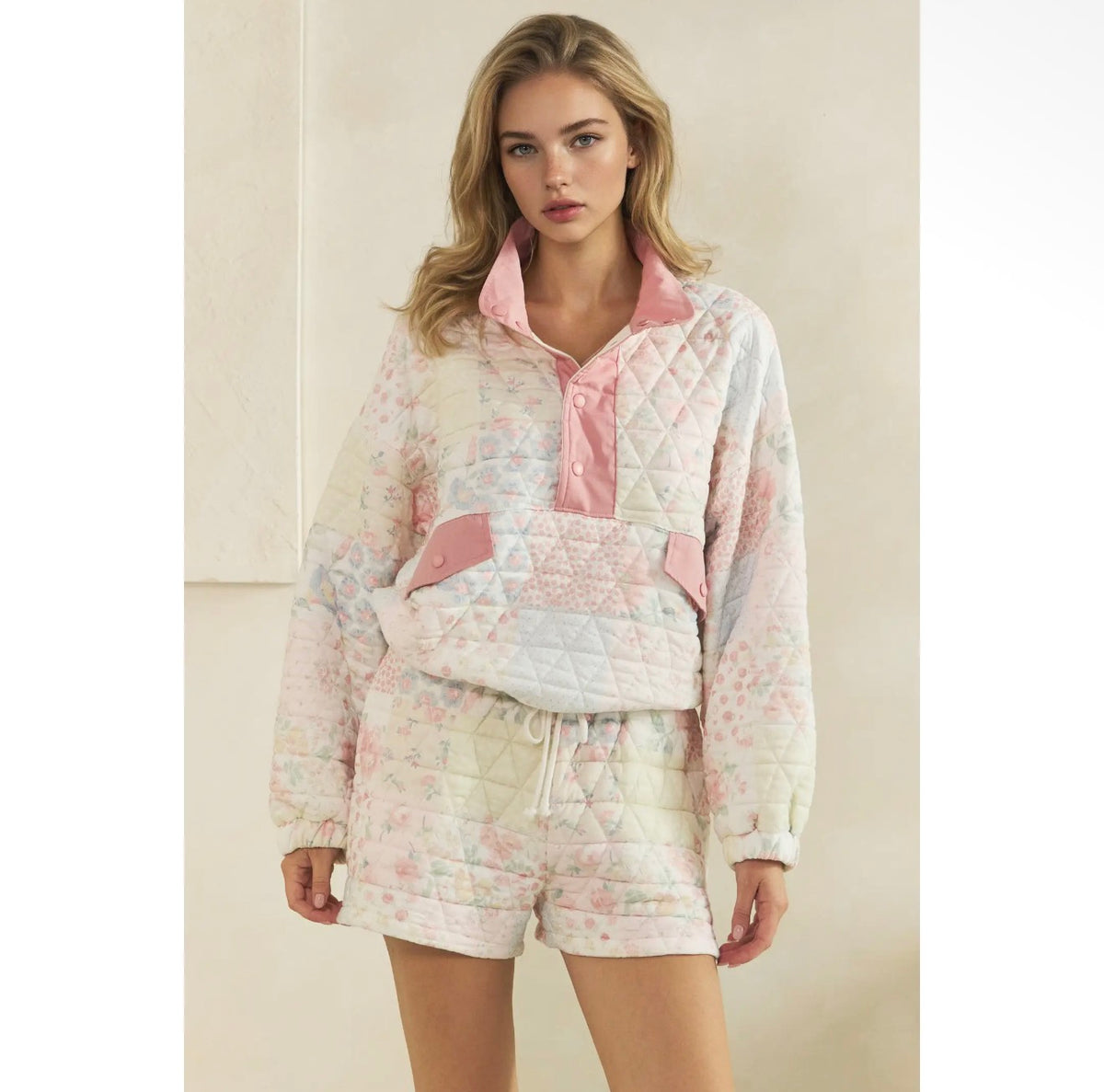 Pink Textured Contrast Printed Quarter zip