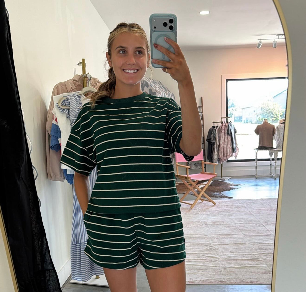 Forest Green Striped Lounge Sweat Shorts