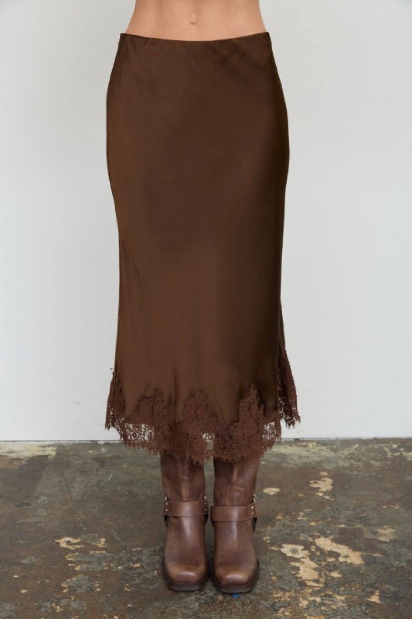 Brown Satin Lace Hem Slip Pencil Skirt