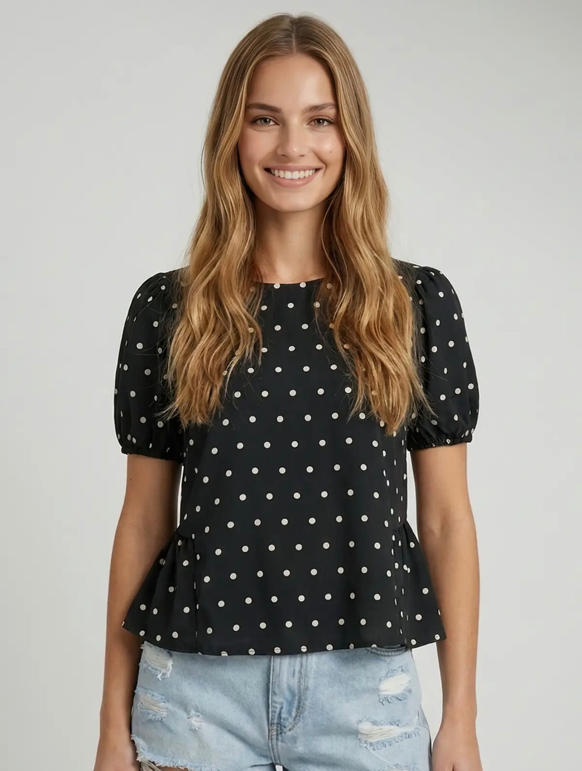 Polka Dot Peplum Blouse Black