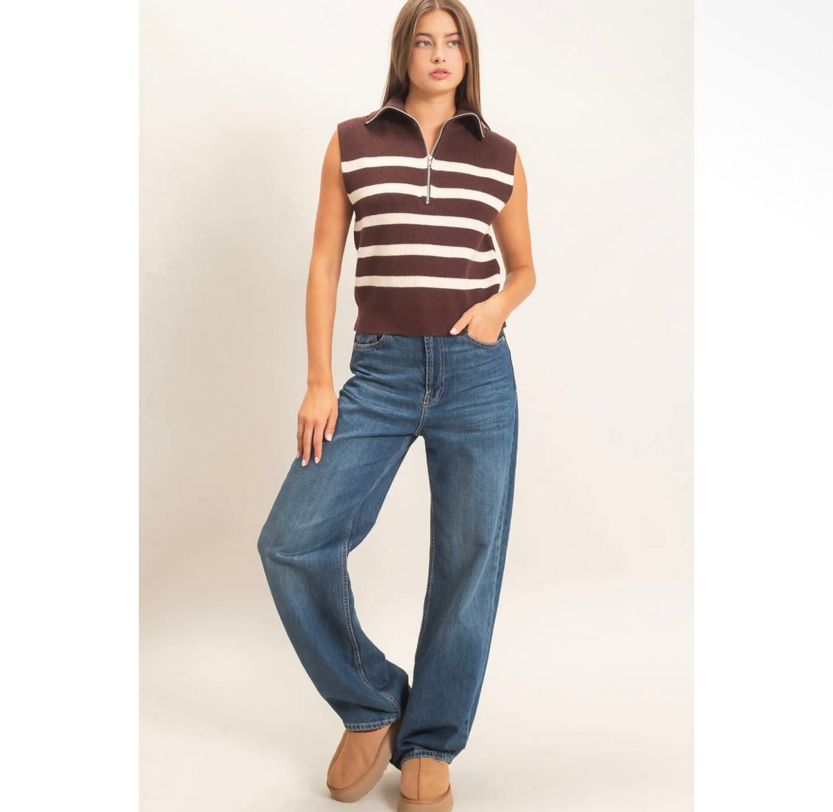 Half Zip Sleeveless Stripe Sweater