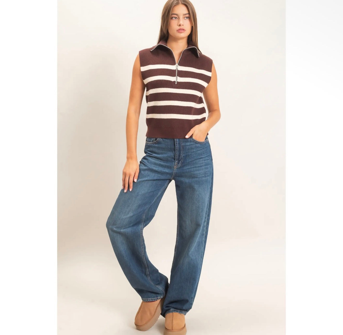 Half Zip Sleeveless Stripe Sweater