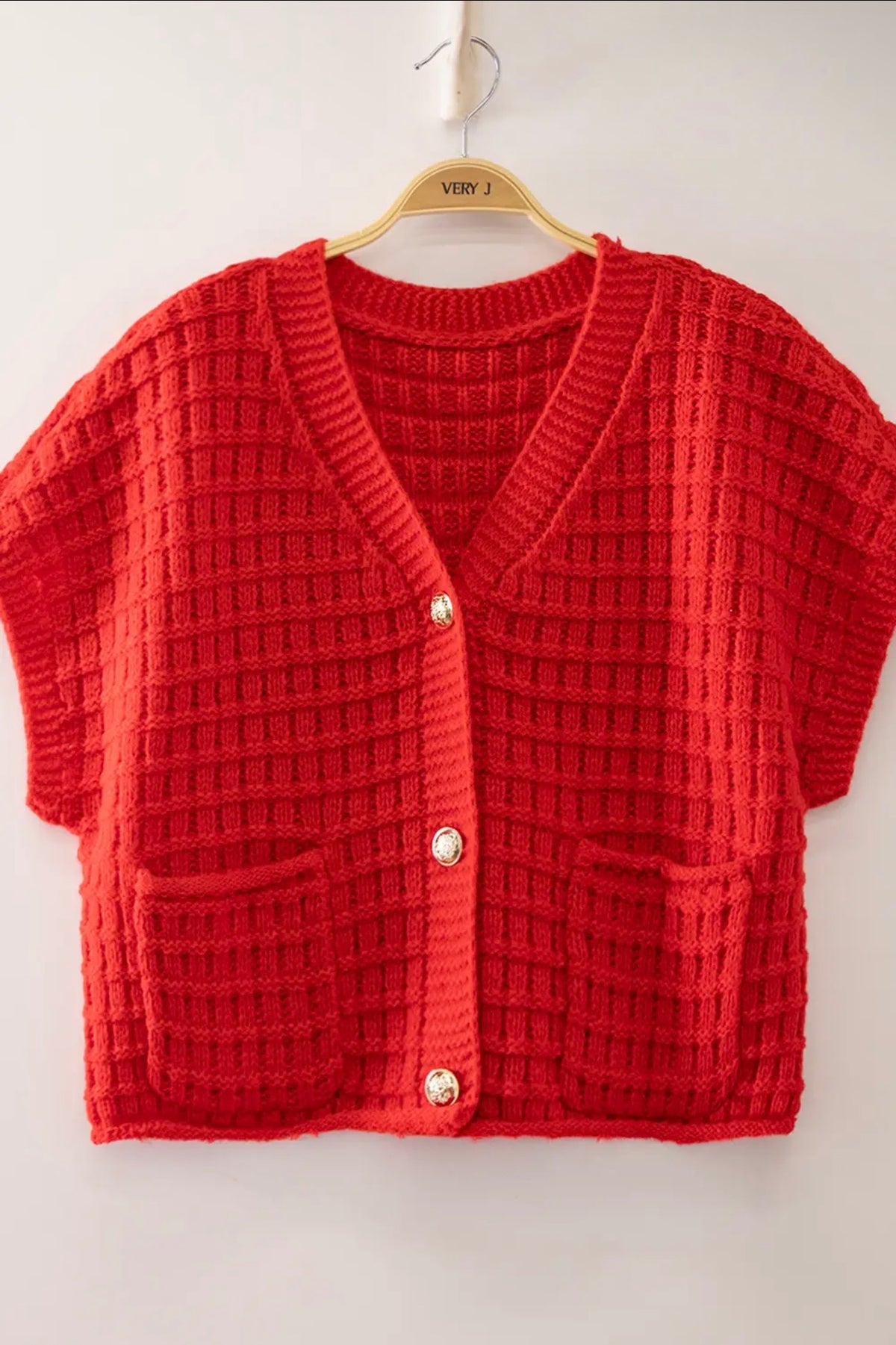 Red Waffle Texture Crop Cardigan
