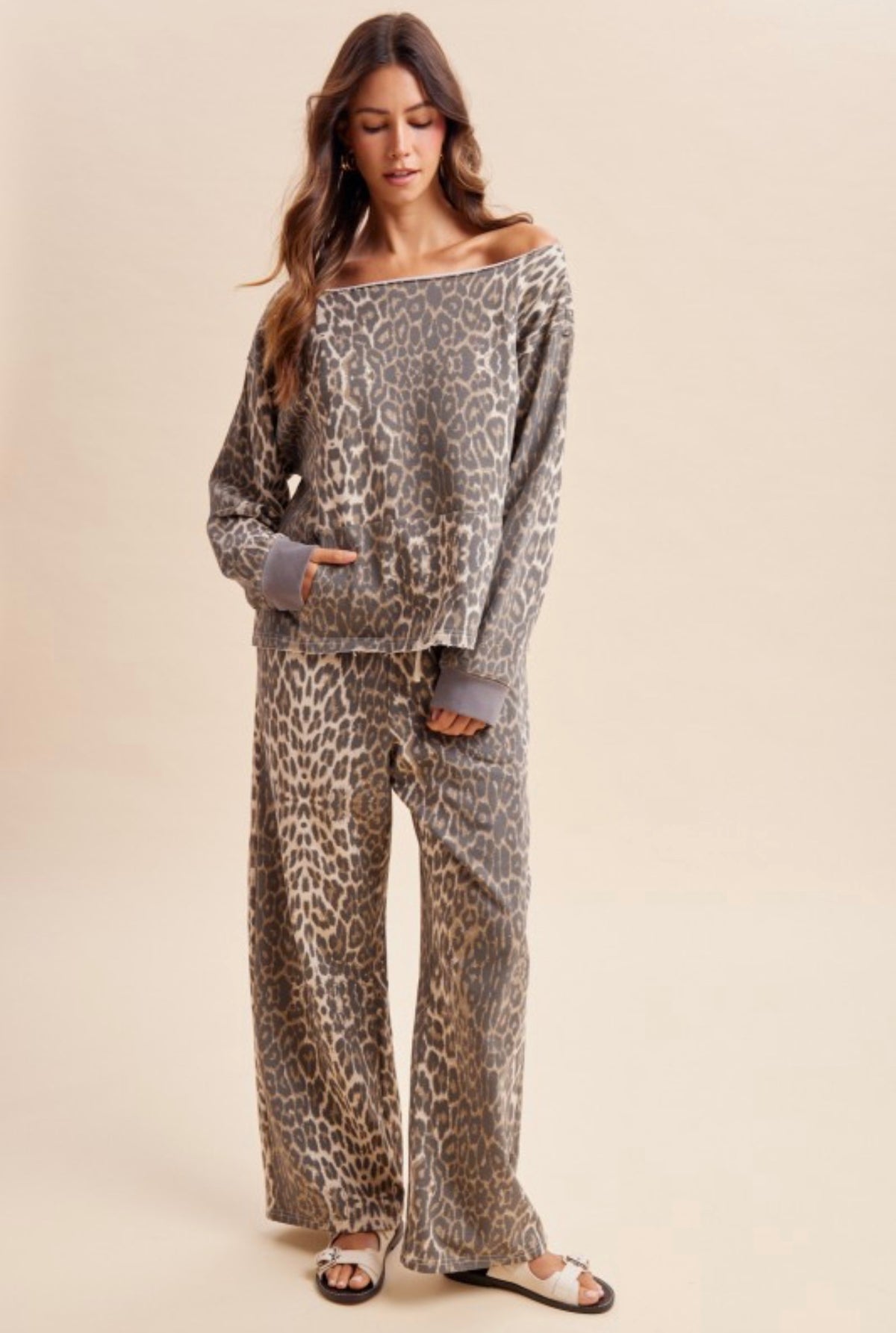 Leopard Terry Off The Shoulder Pullover