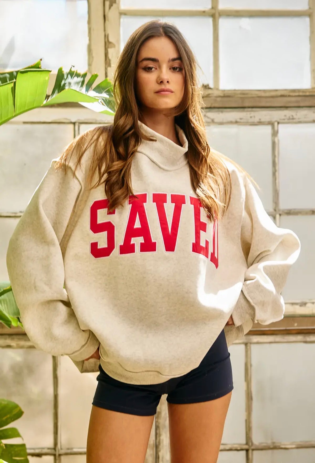 "Saved" Embroidered Mockneck