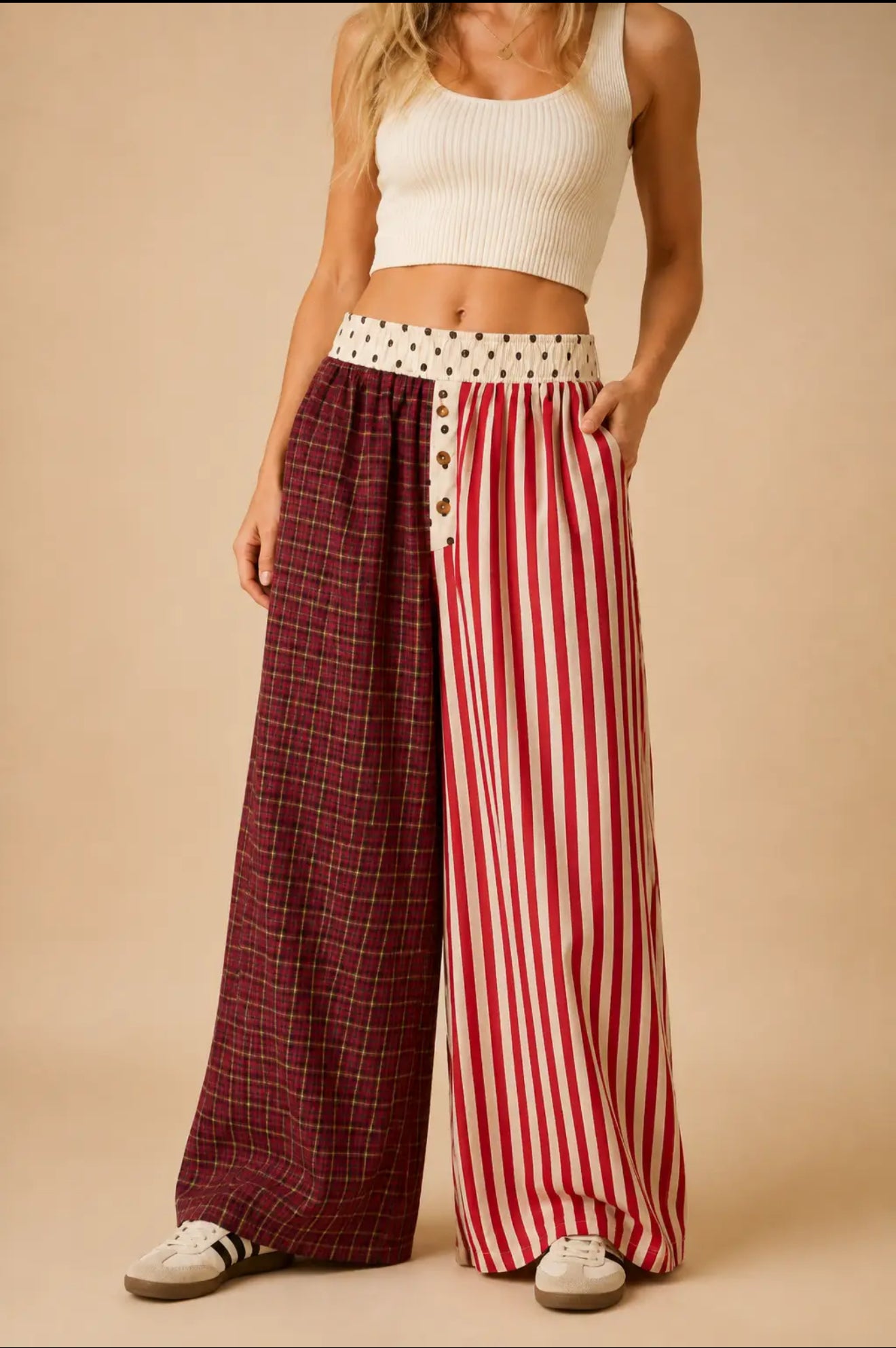 Red Mixed Pattern Wide Leg Trousers