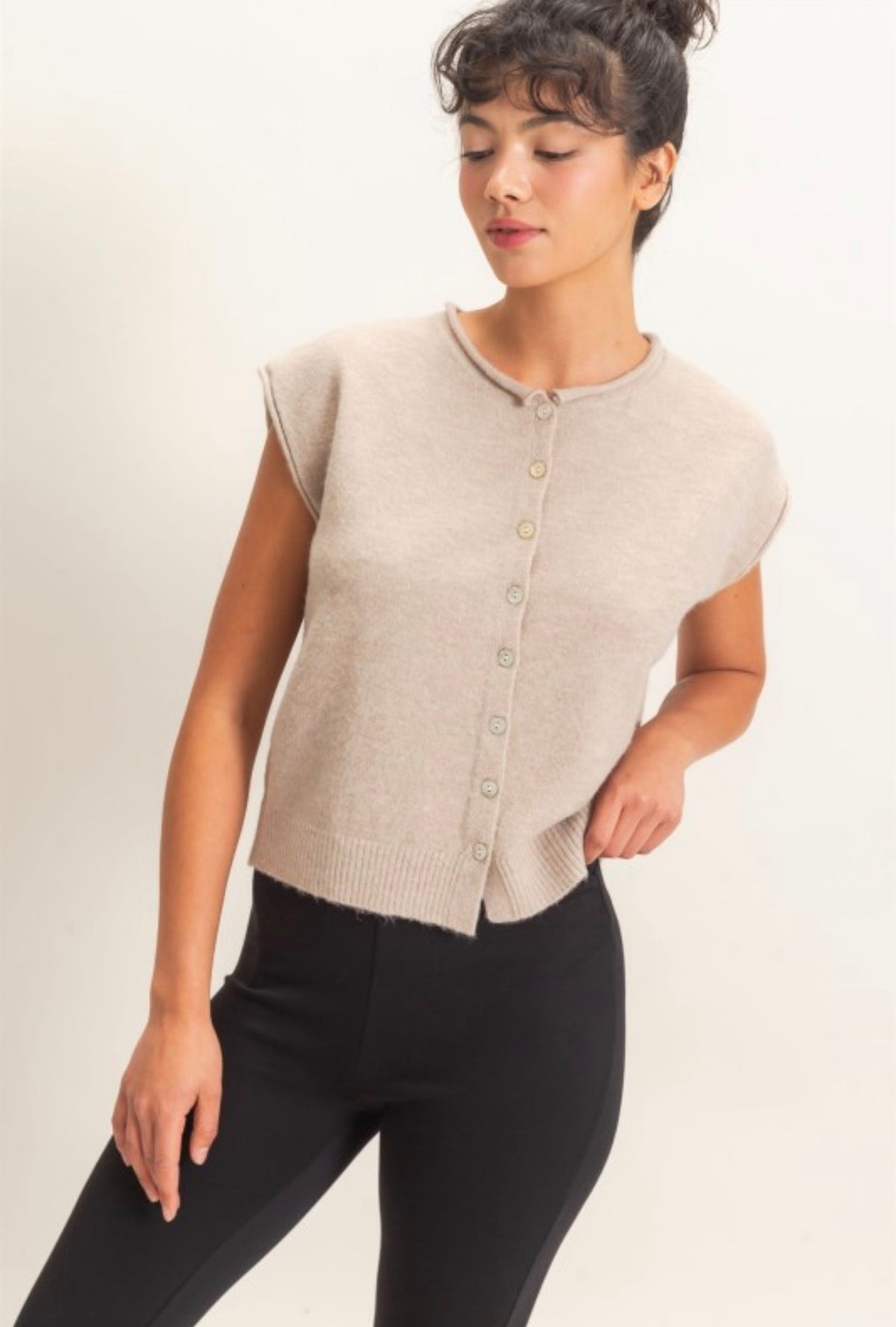 Taupe Rolled Edge Button Front Sweater Vest