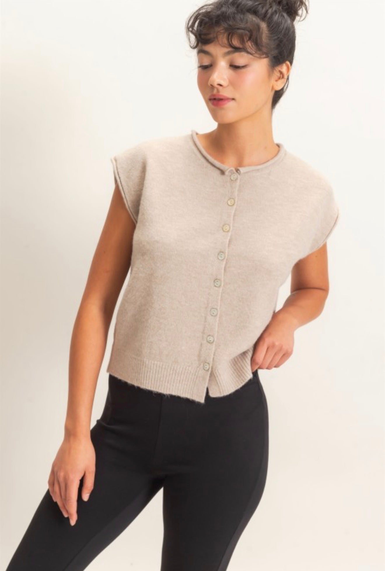 Taupe Rolled Edge Button Front Sweater Vest