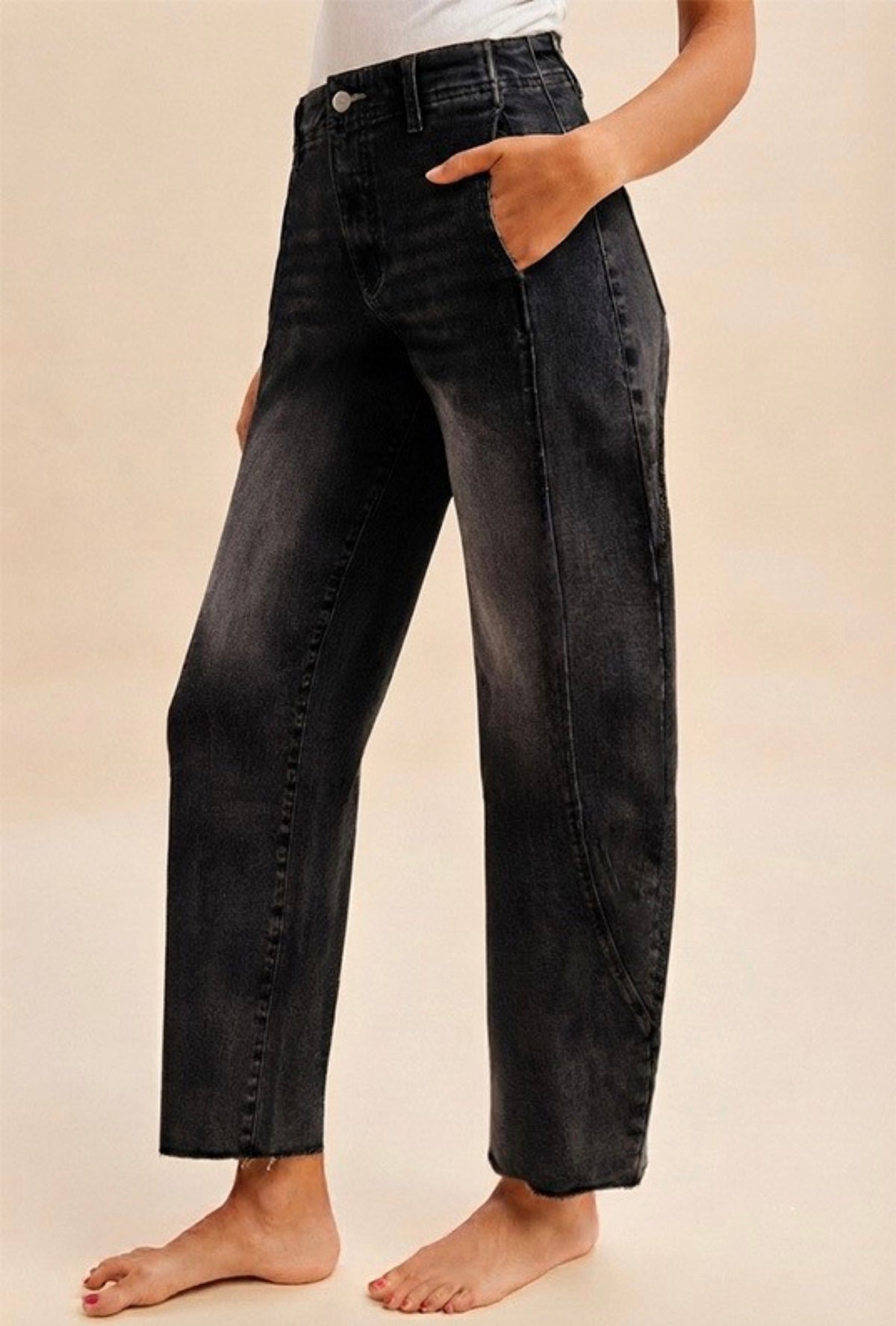 Black Stretch Barrel Leg Tapered Jeans