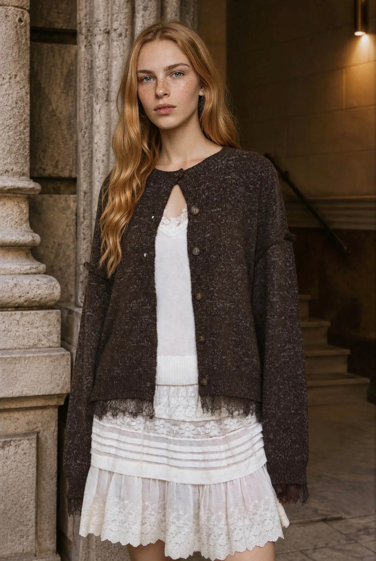 Brown Lace Trim Exposed Seam Button Down Cardigan