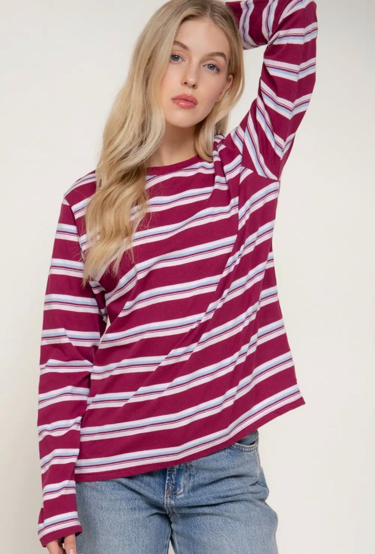 Burgundry/Pink Long Sleeve Crew Neck Striped Knit Top