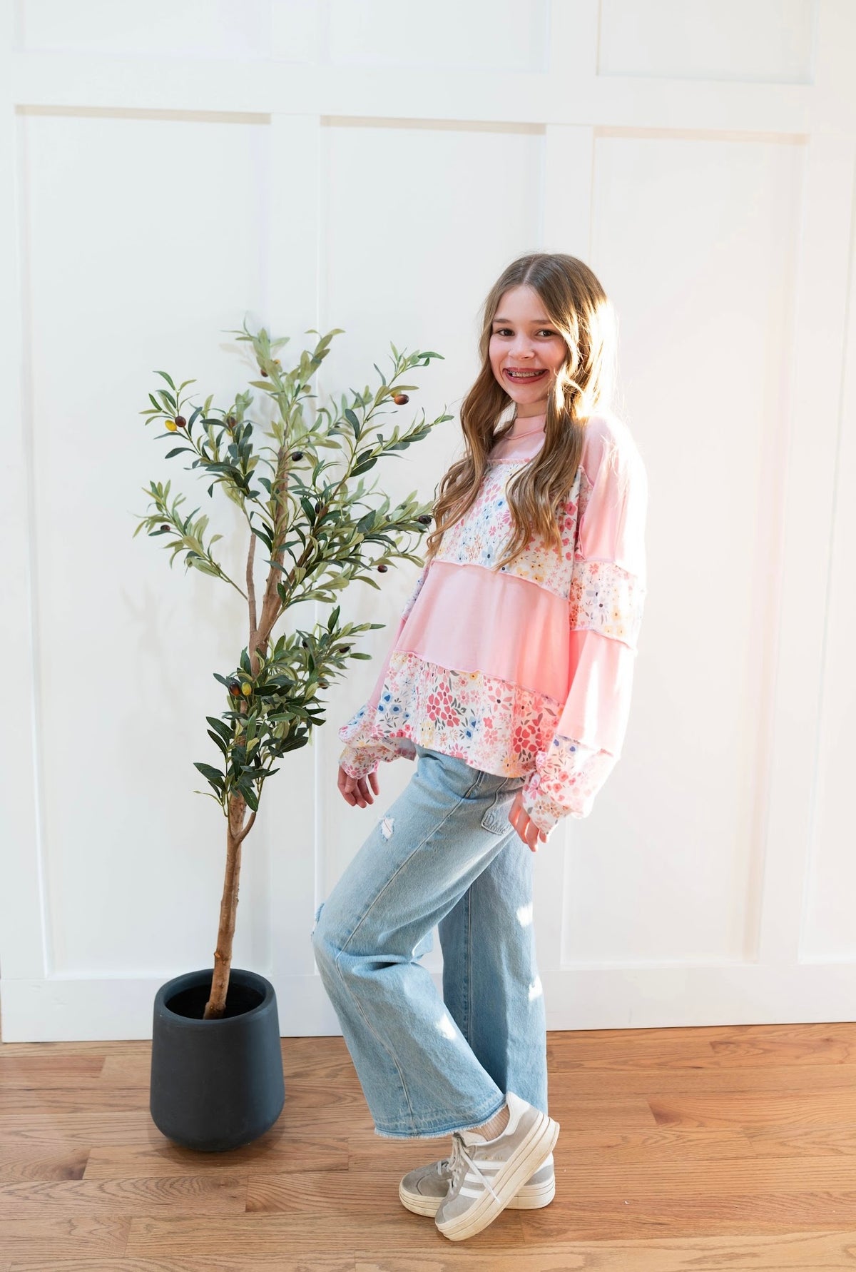Floral &amp; Pink Striped Long Sleeve Top