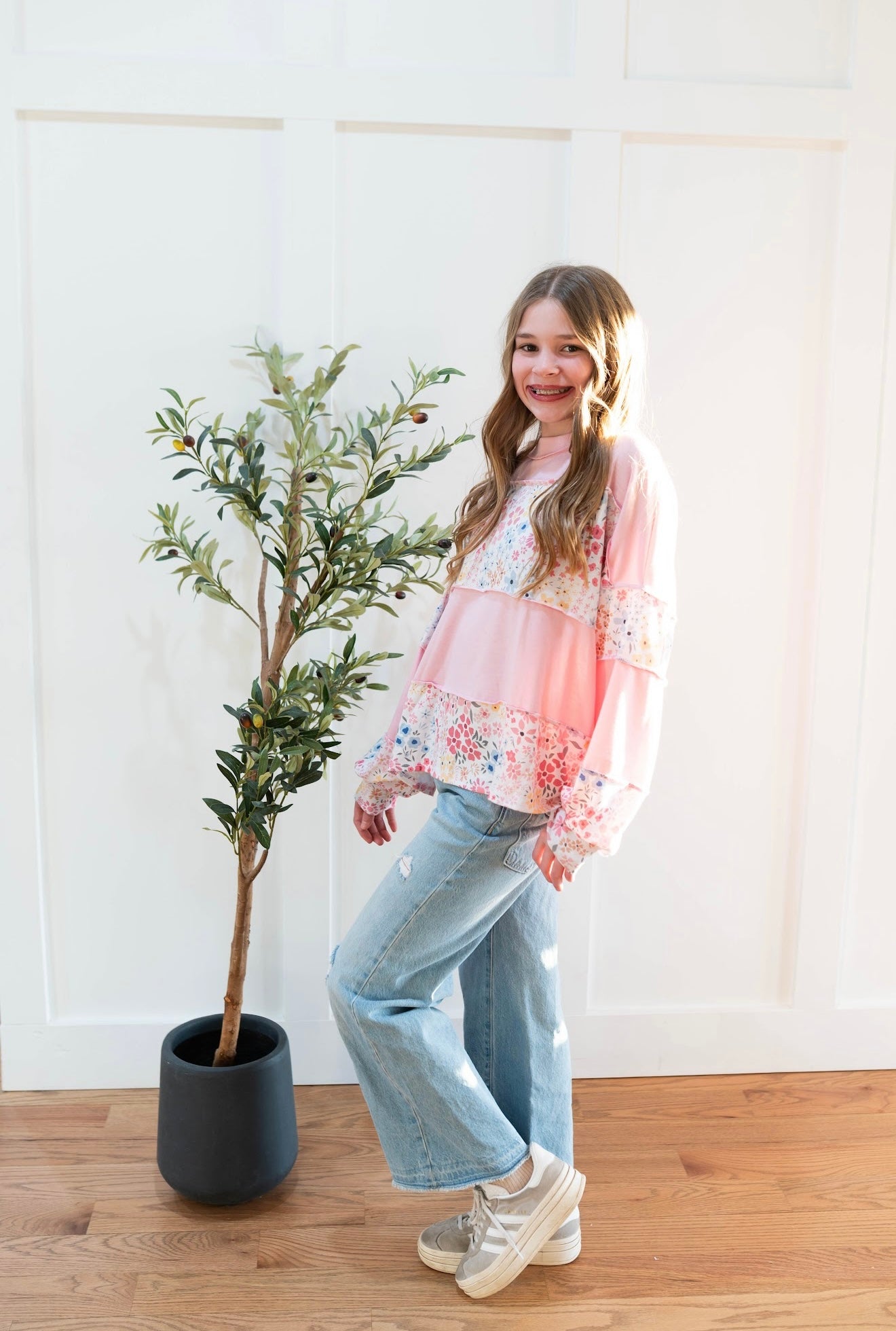 Floral & Pink Striped Long Sleeve Top