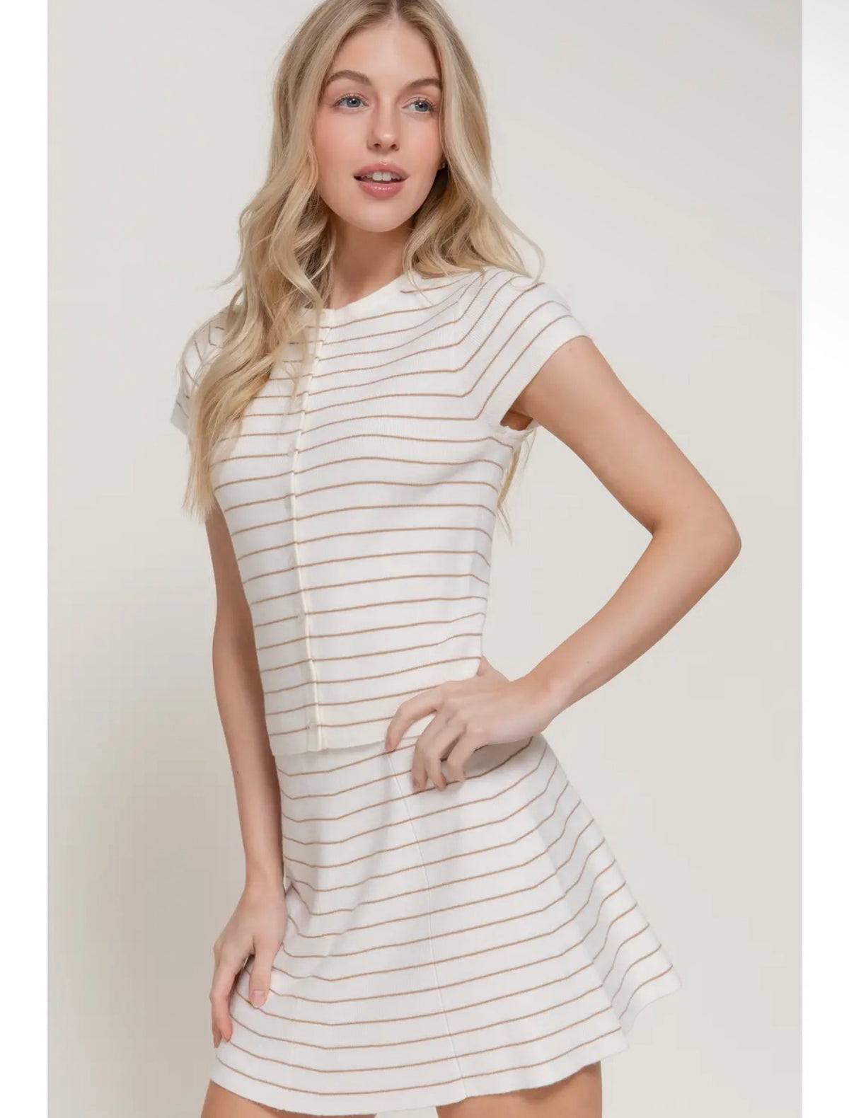 Short Sleeve Button Down Striped Knit White Top (Copy)