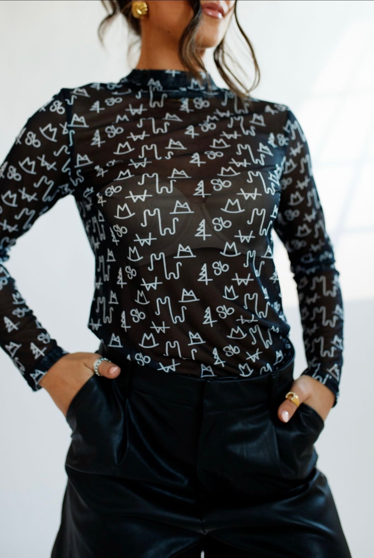 Kids Black Brand Sheer Mock Neck Top