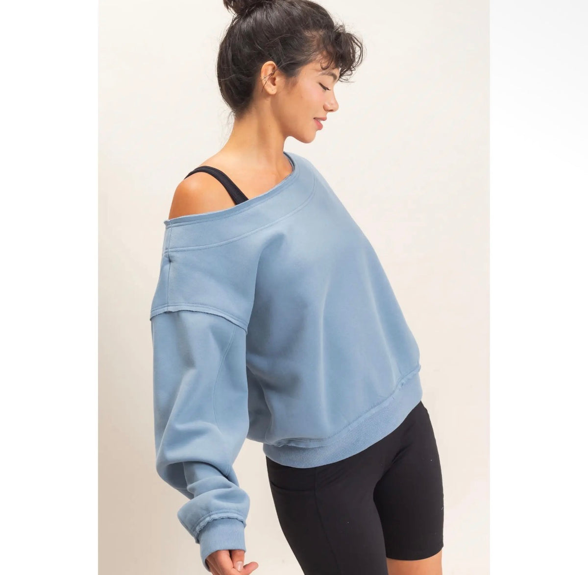 Dusty Blue Off The Shoulder Crew Neck