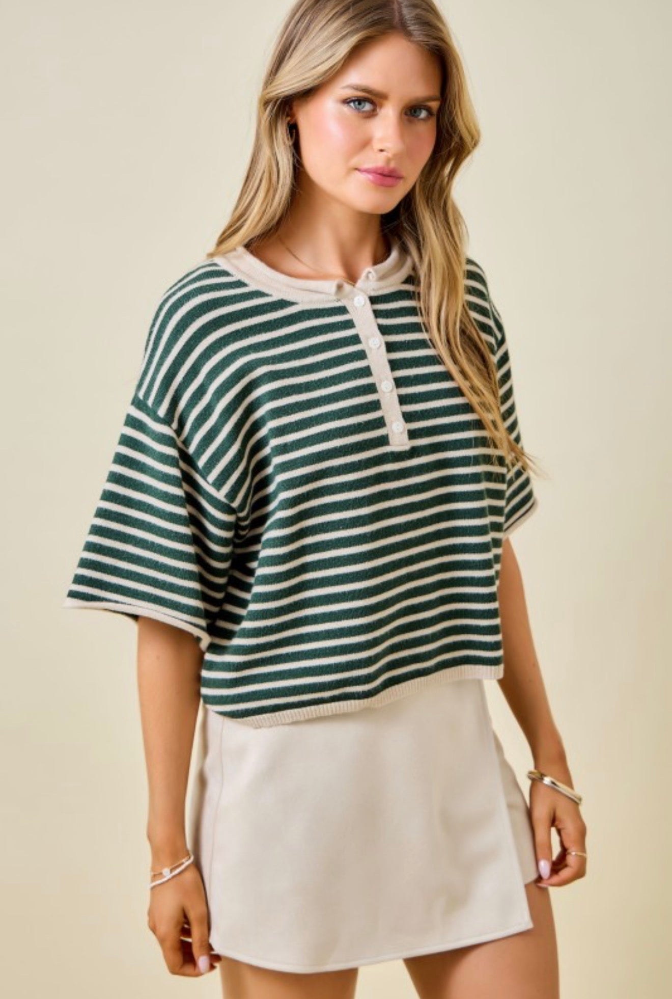 Green/Tan Striped Short Sleeve Henley Knit Top