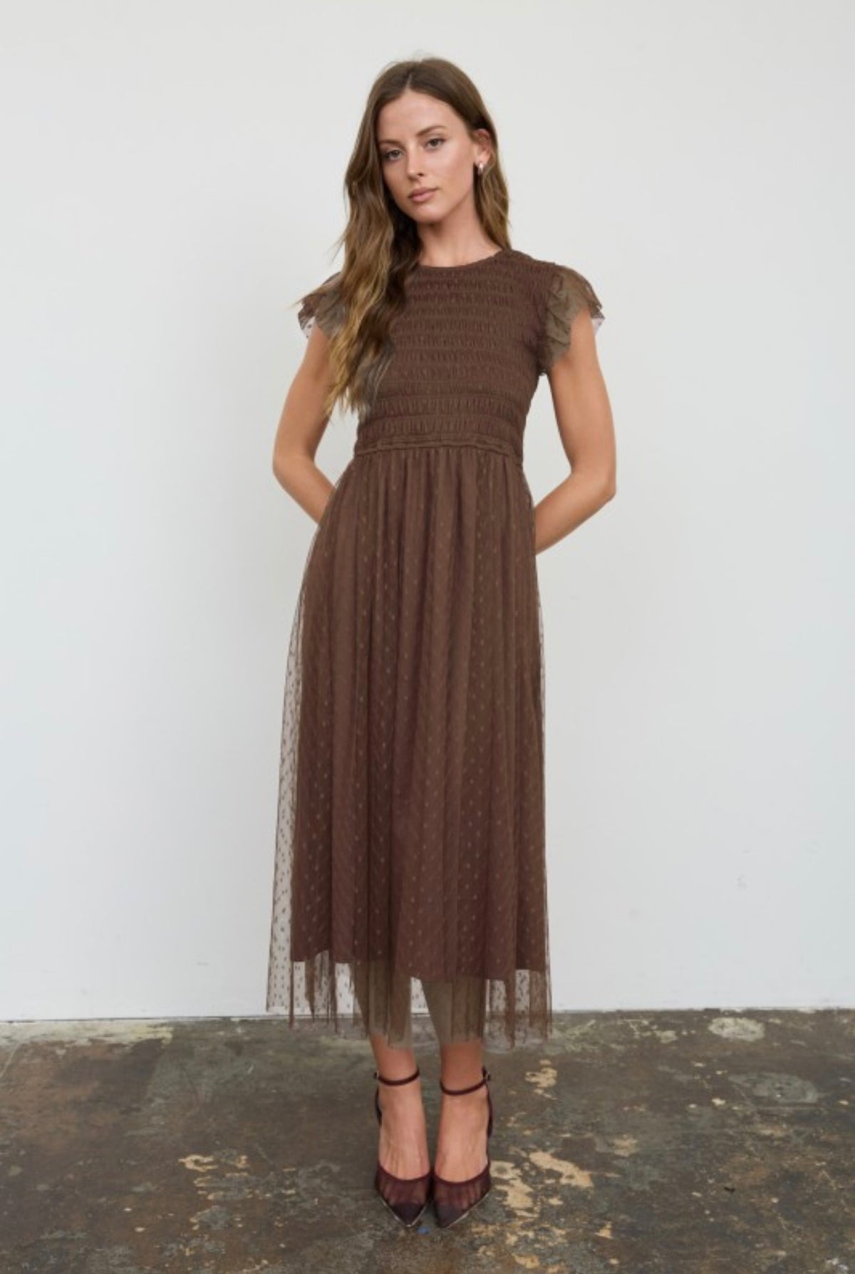 Brown Polka Dot Chiffon Smocked Midi Dress