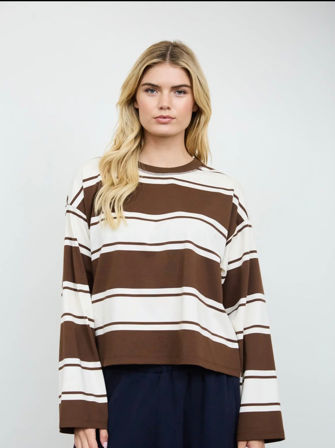 Wide Strip Brown Crew Neck Long Sleeve