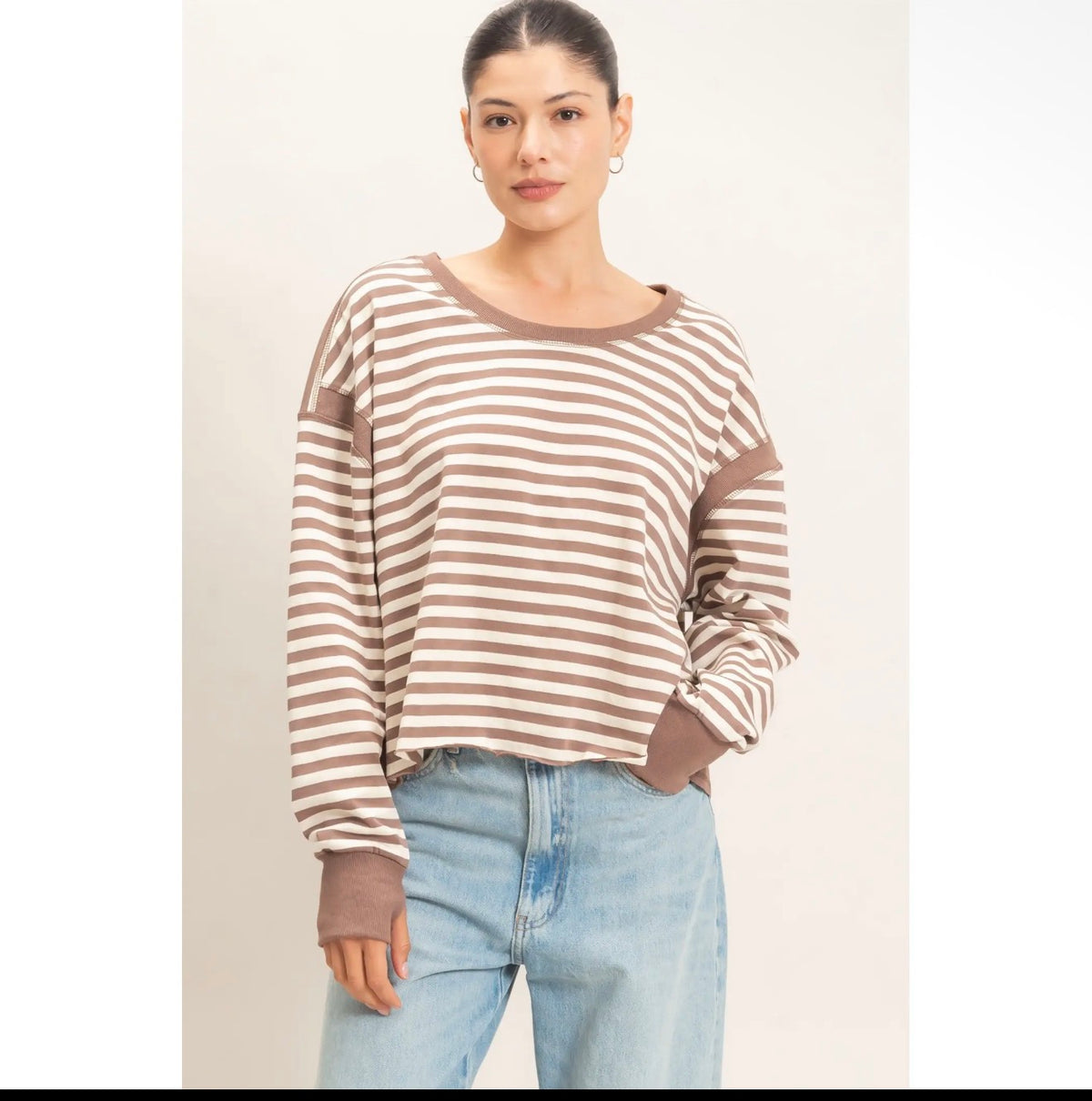 Striped Long Sleeve Brown Cross Back Tee