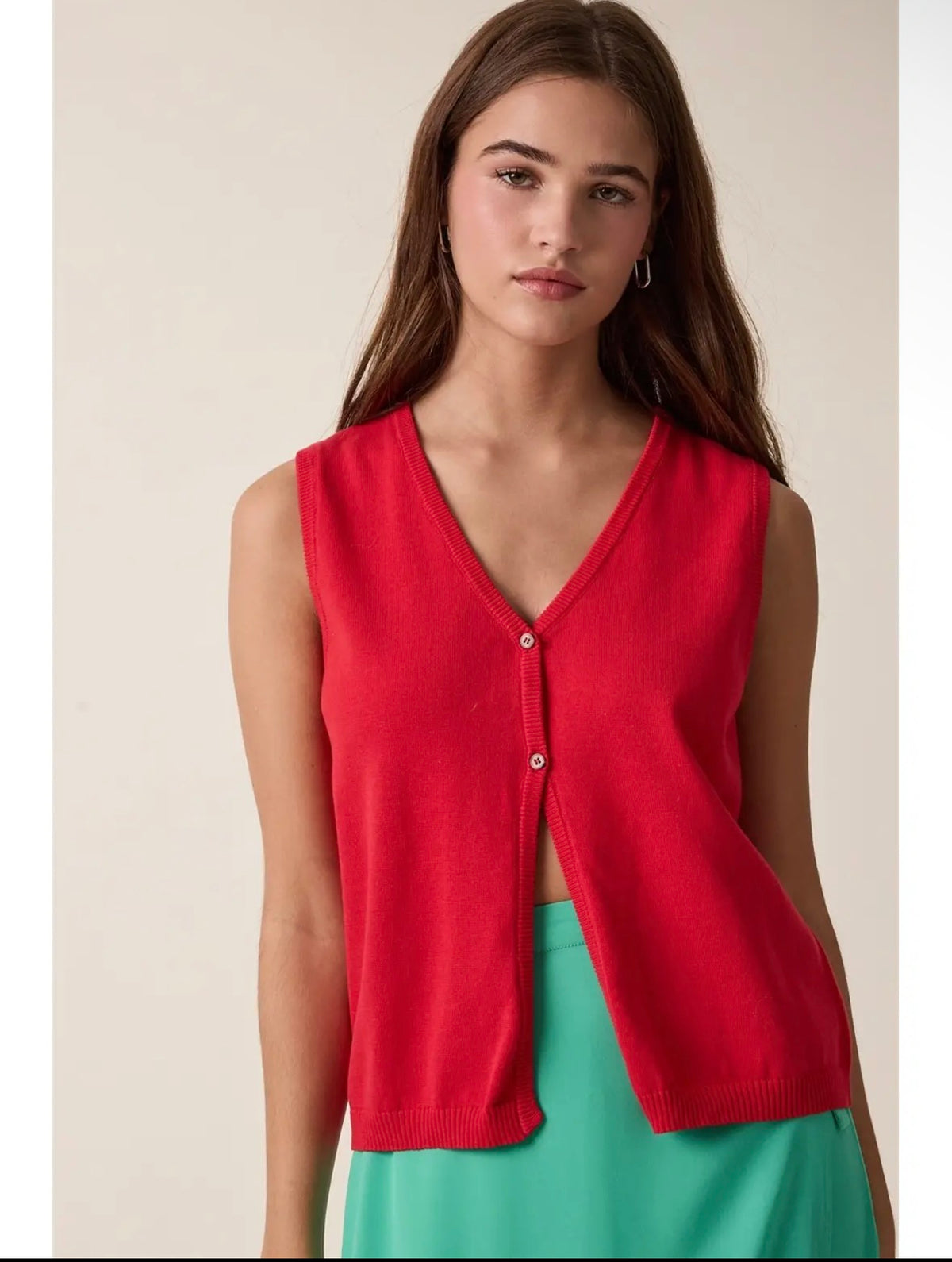 Red V-Neck Button Front Sweater Vest