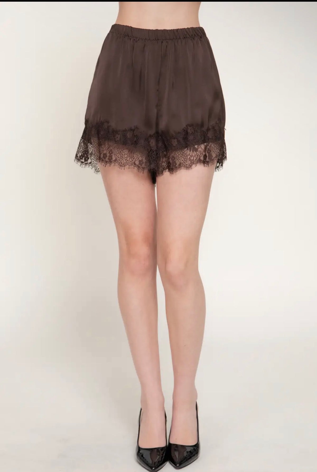 Brown Lace Trim Satin Shorts