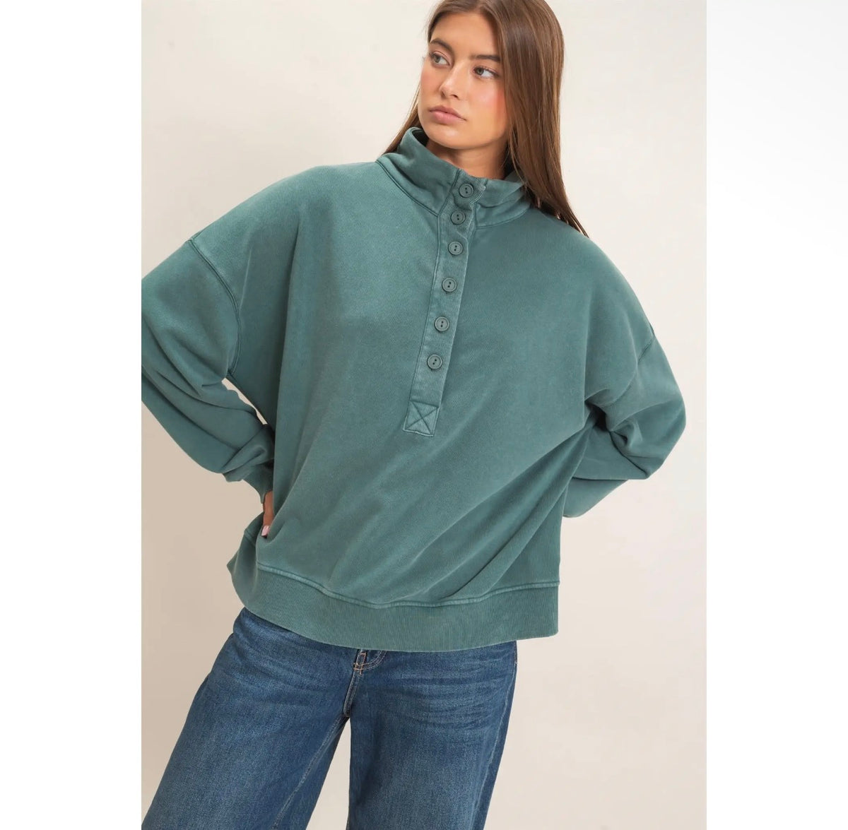 Green Button Front Sweatshirt