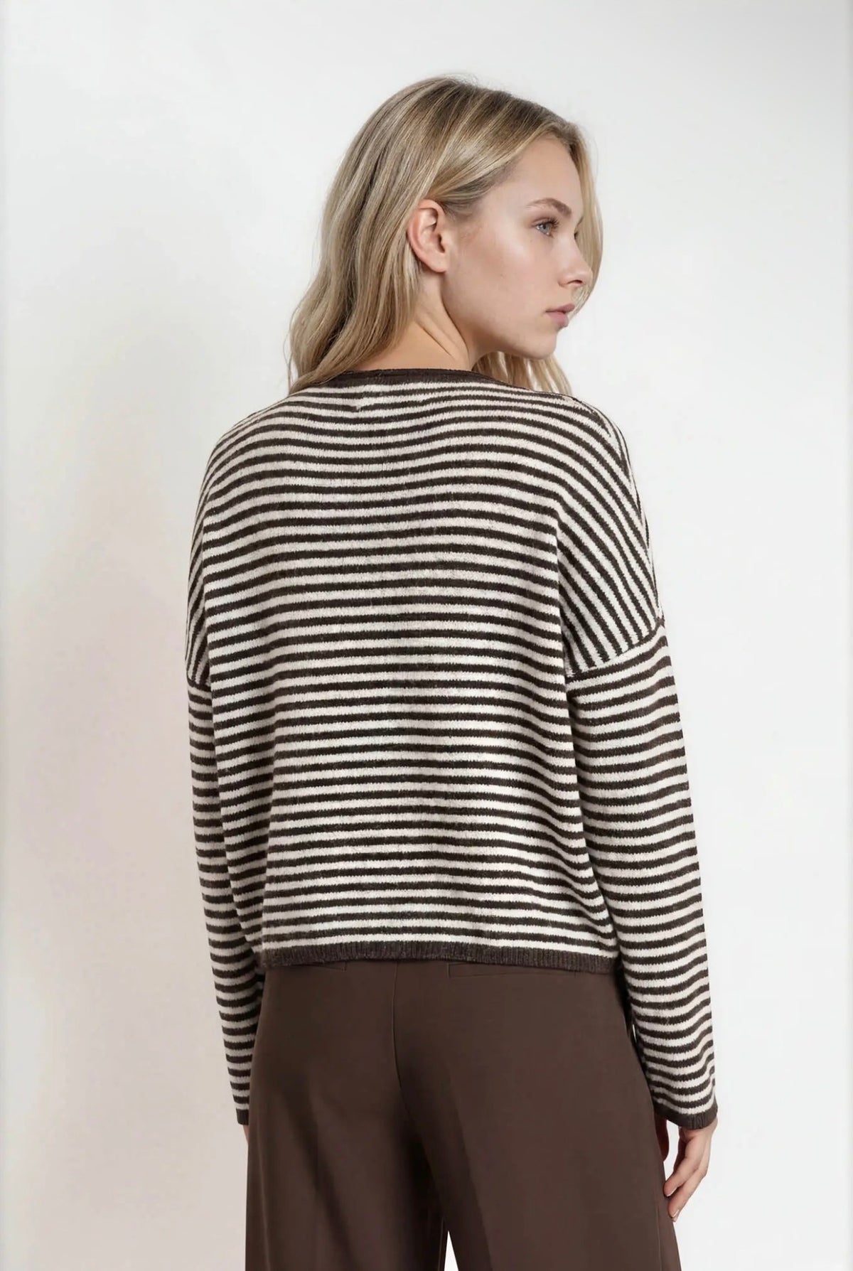 Stripe Raw Edge Drop Shoulder Knit Cardigan Brown