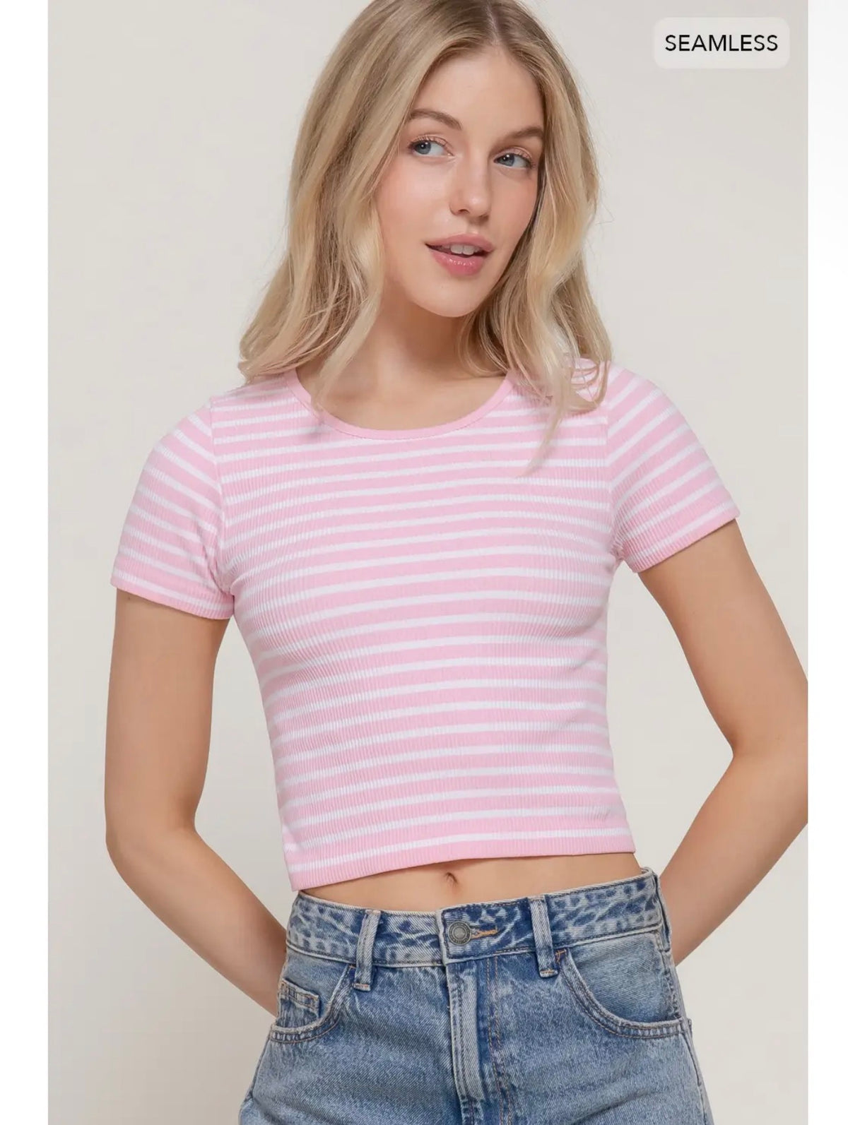 Short Sleeve Striped Baby Tee Pink