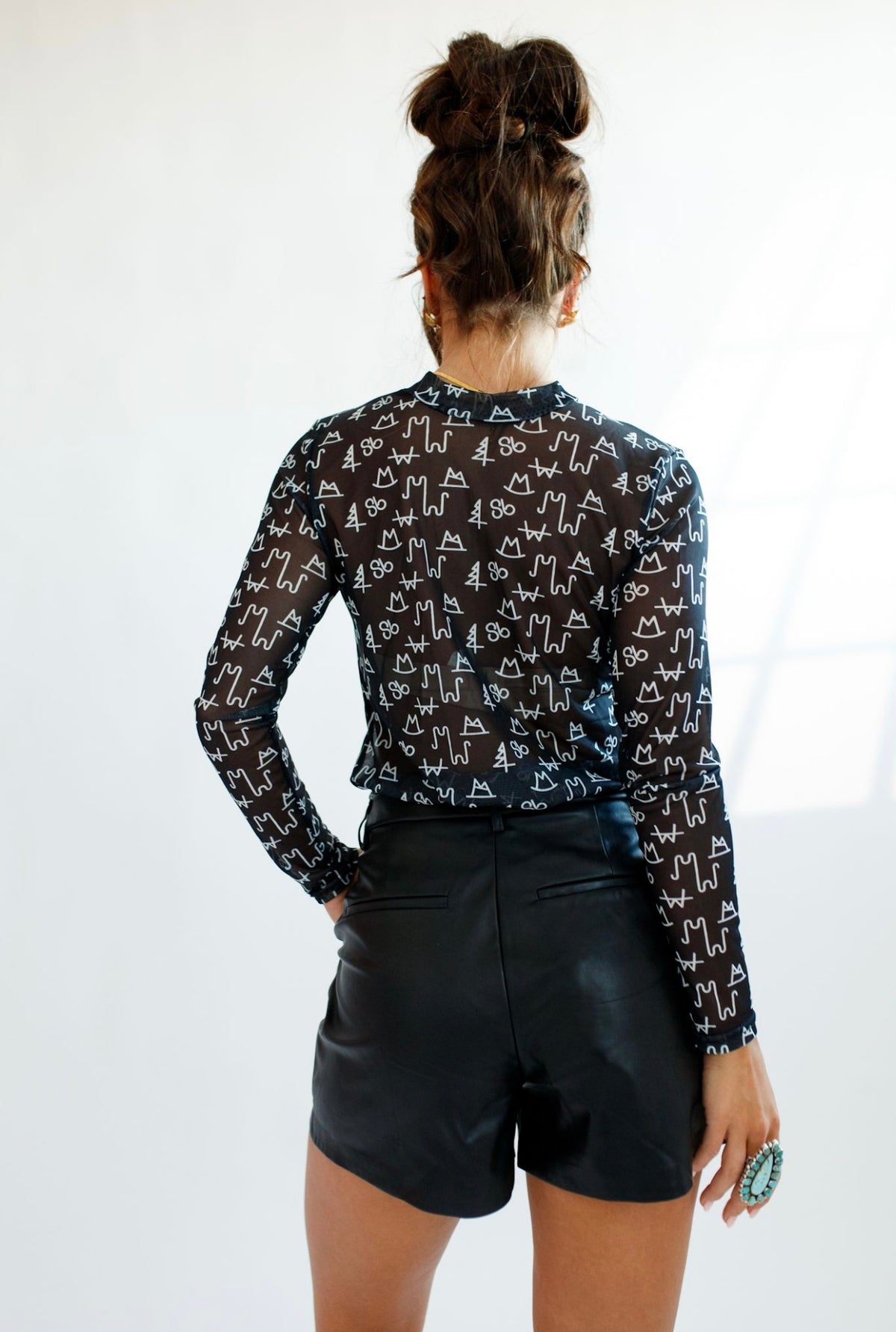 Kids Black Brand Sheer Mock Neck Top