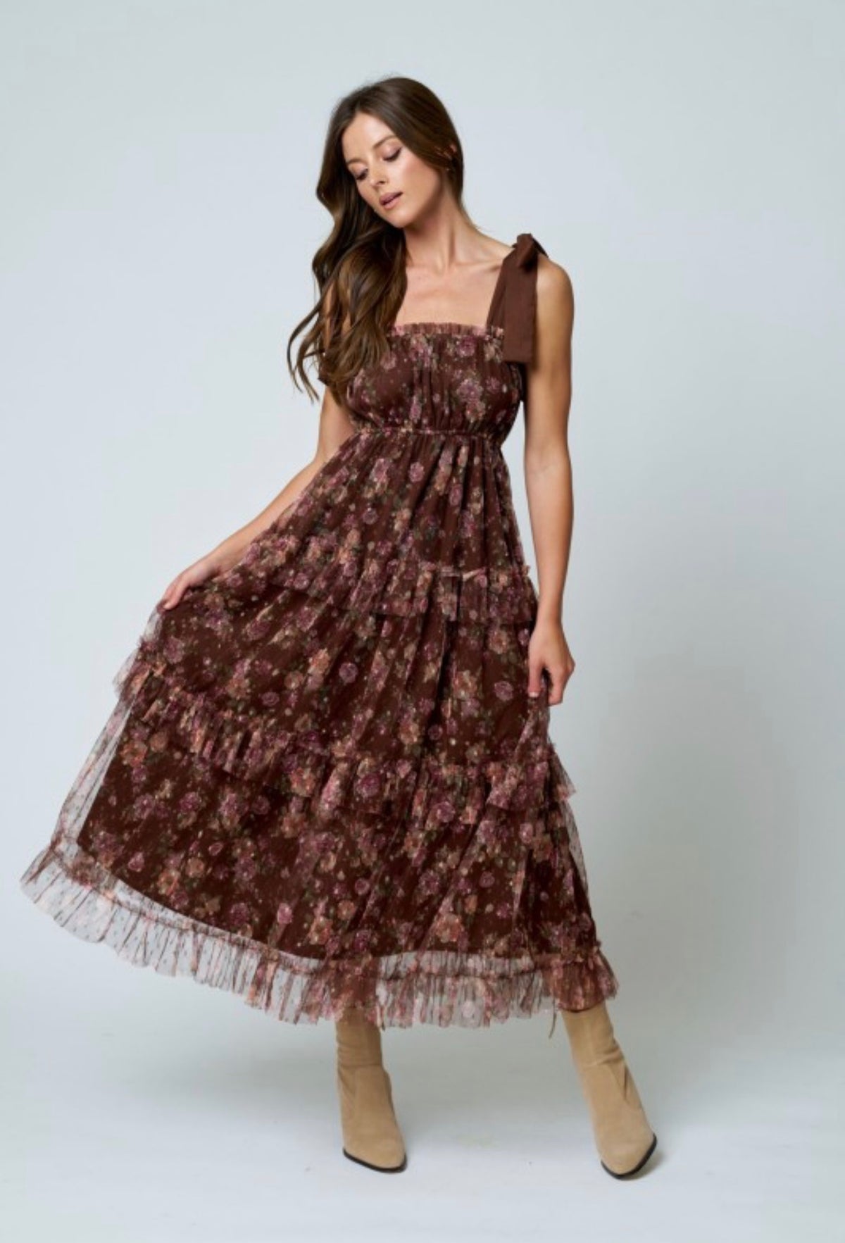 Floral Chiffon Tie Strap Tiered Midi Dress