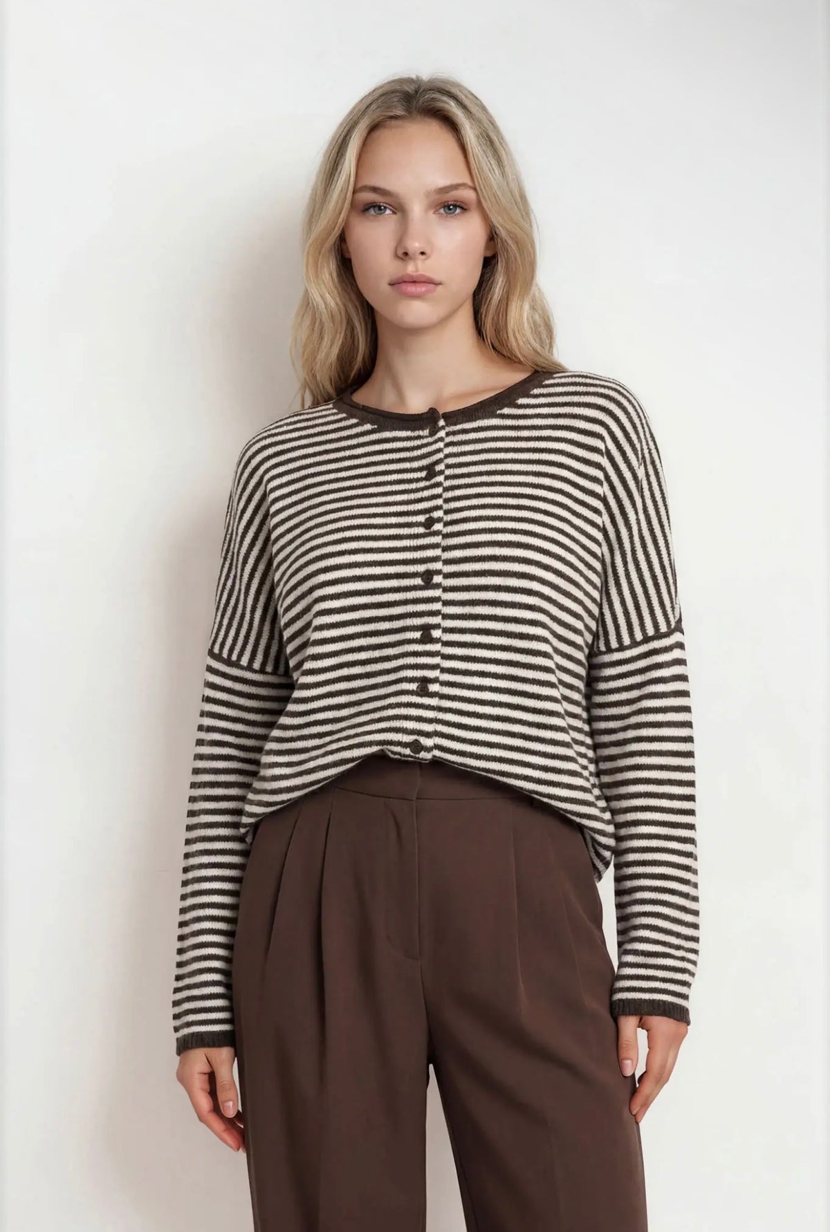 Stripe Raw Edge Drop Shoulder Knit Cardigan Brown