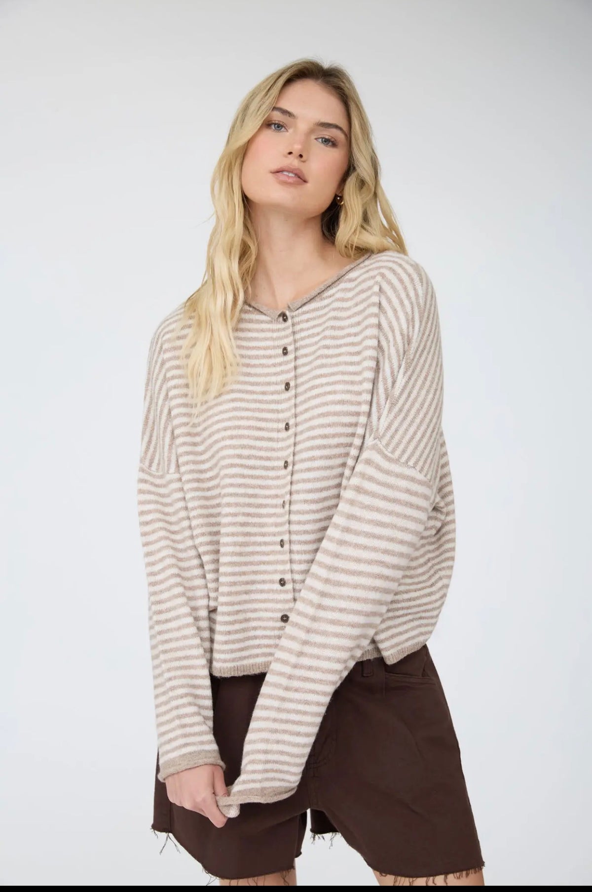 Stripe Raw Edge Drop Shoulder Knit Cardigan Tan