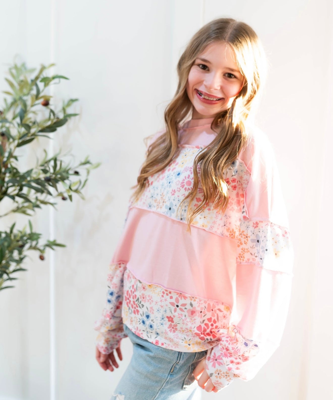 Floral & Pink Striped Long Sleeve Top