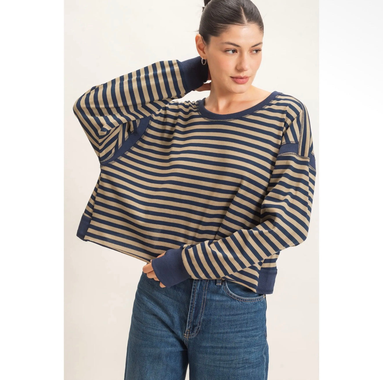 Striped Long Sleeve Navy Cross Back Tee