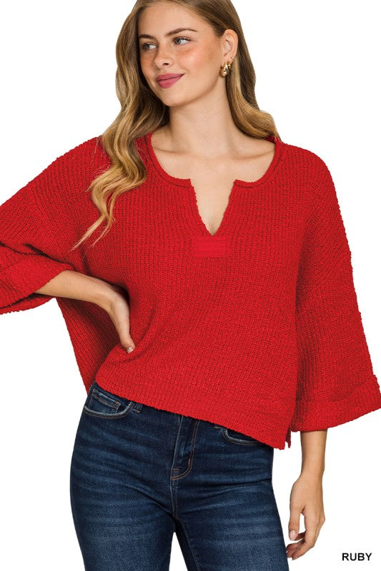 Red Folded Sleeve Pullover