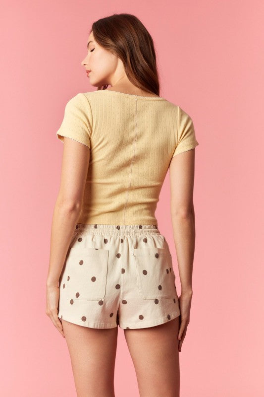 Scallop Embroidered Pointelle Rib Button Top yellow