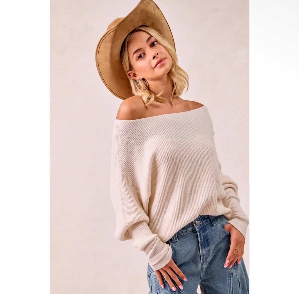 Waffle Knit Off The Shoulder Top