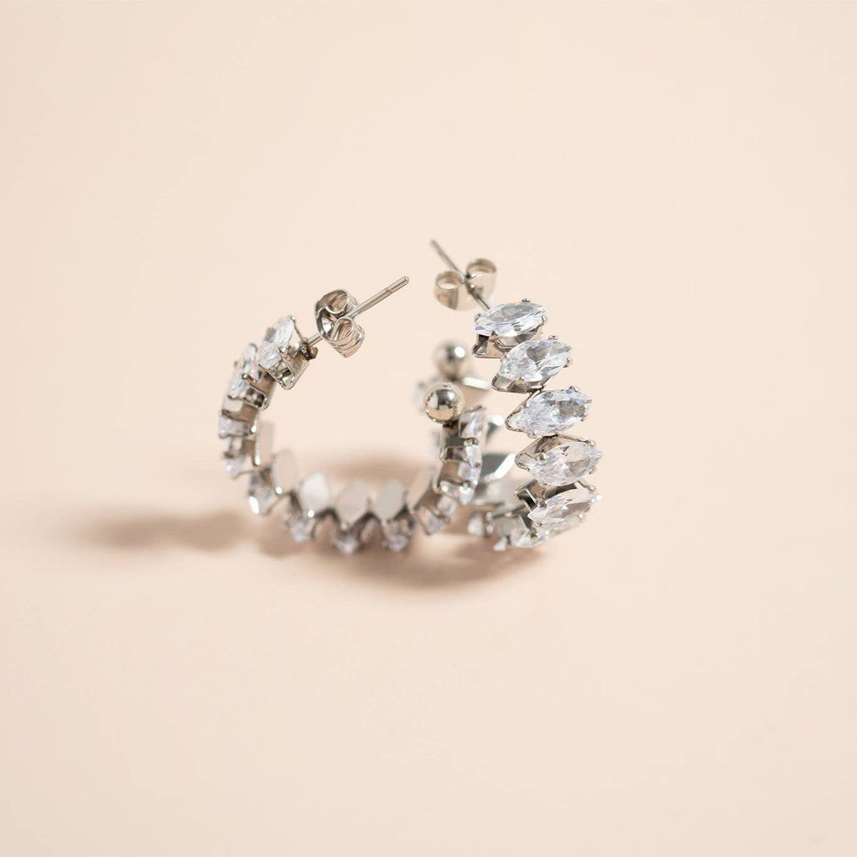 18K Gold PVD Stainless Steel Marquis CZ Stone Hoop Earrings: Gold