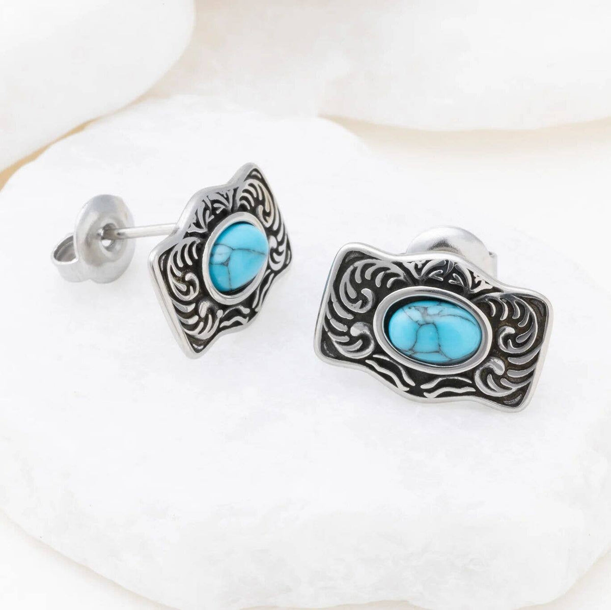 Gold Stainless Steel Turquoise Stone Buckle Stud Earrings: Gold