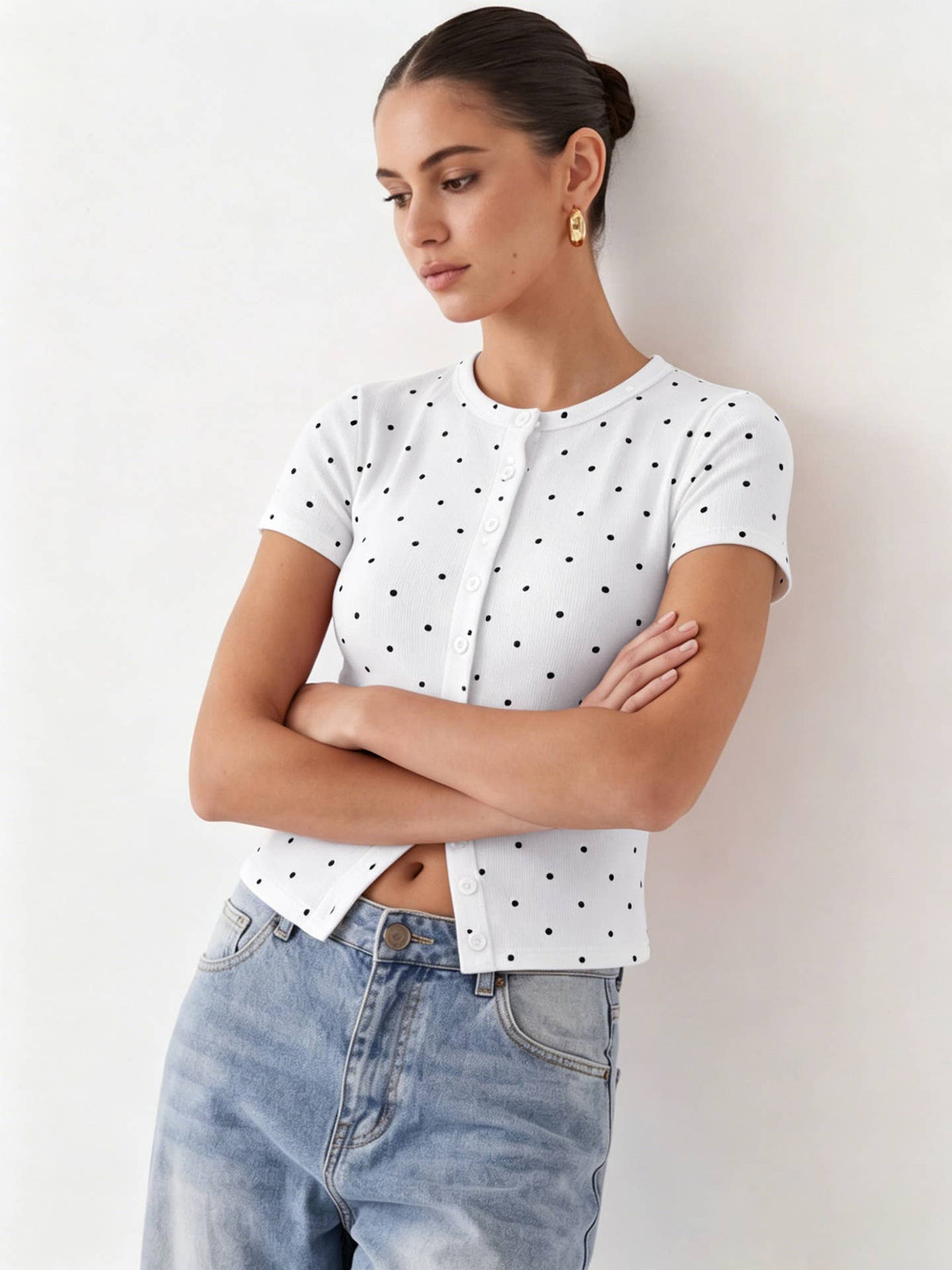 Ribbed Polka Dot Fitted Short Sleeve T-Shirt: Red