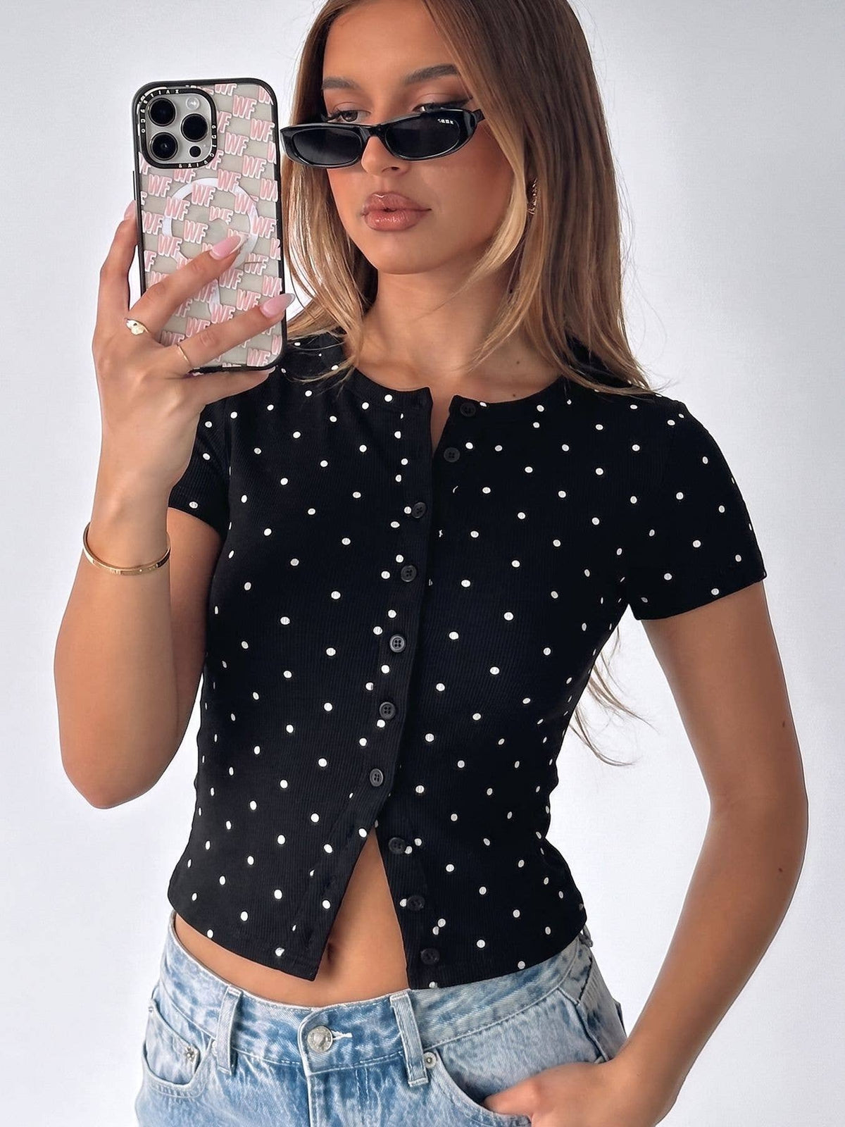 Ribbed Polka Dot Fitted Short Sleeve T-Shirt: Black