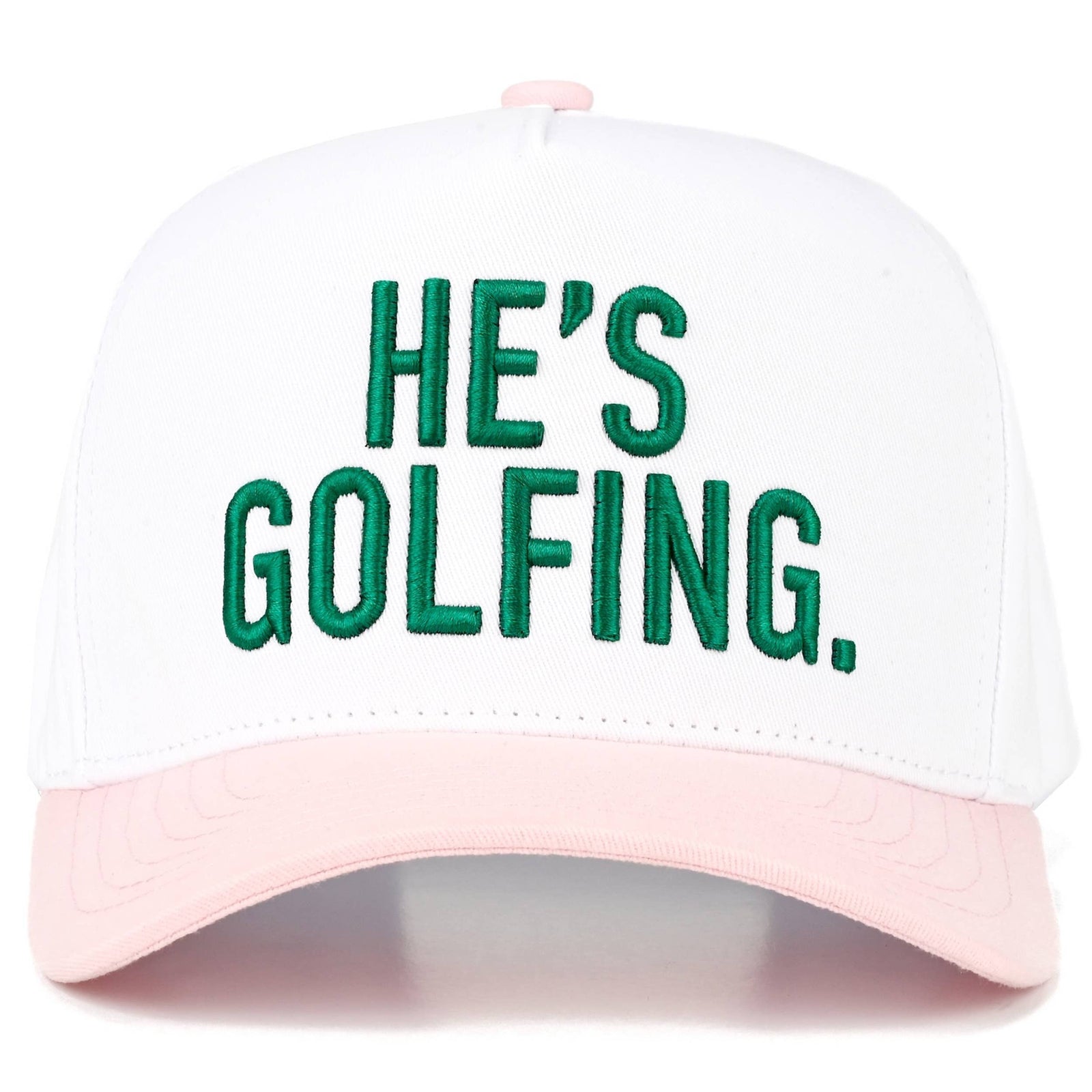 C.C HE'S GOLFING Letter Embroidered on Two Tone Trucker Hat: Light Pink
