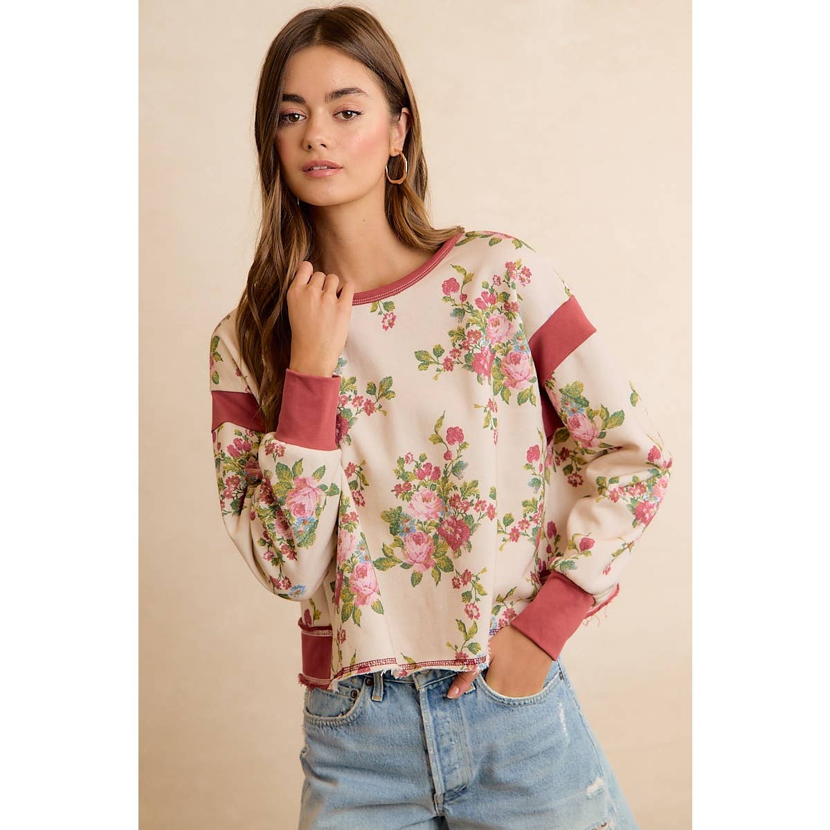 FLORAL BRUSHED TERRY OPEN BACK LONG SLEEVE